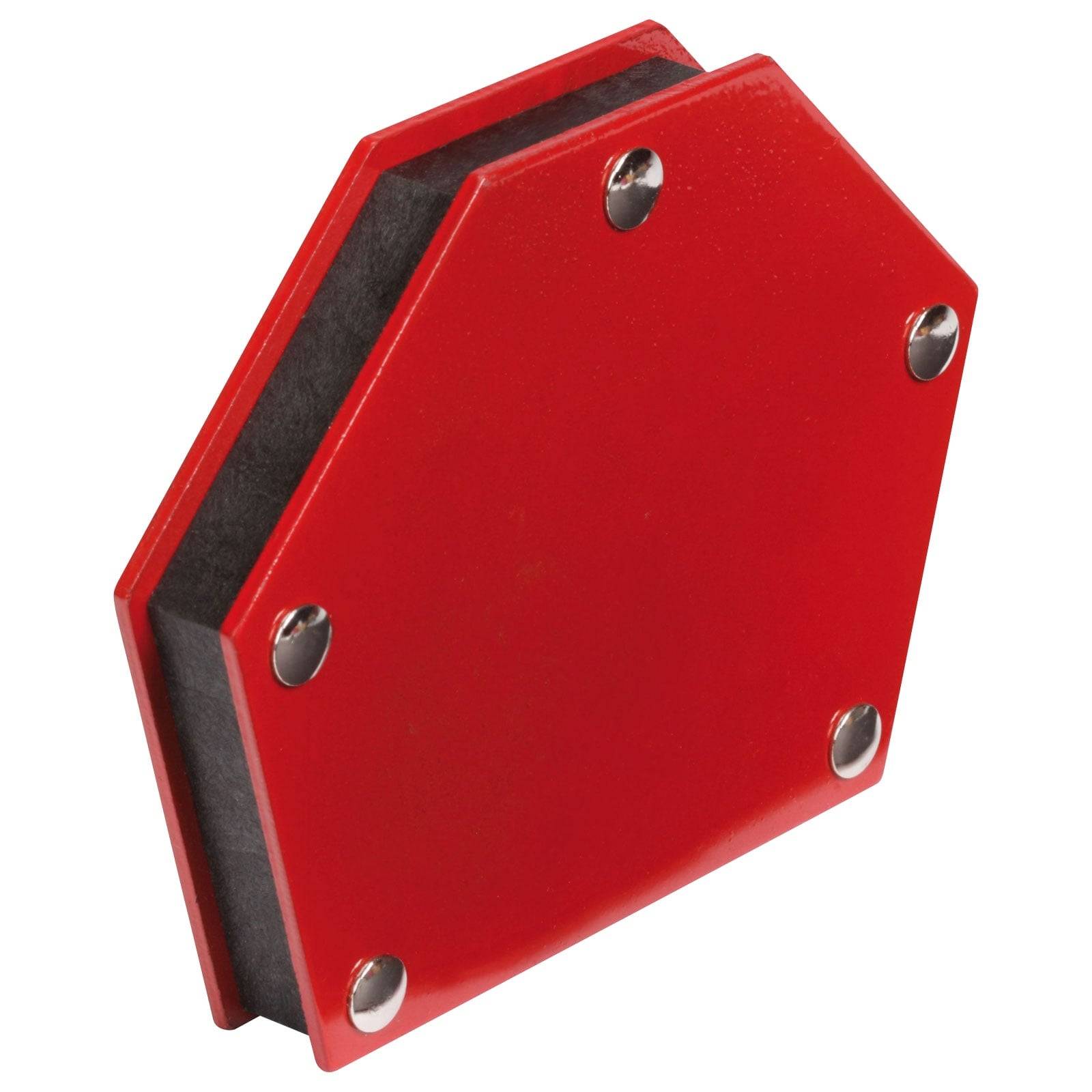 Ein roter magnetischer Schweißhalter in Sechseckform, der zum Halten von Metallstücken in verschiedenen Winkeln während des Schweißens verwendet wird.