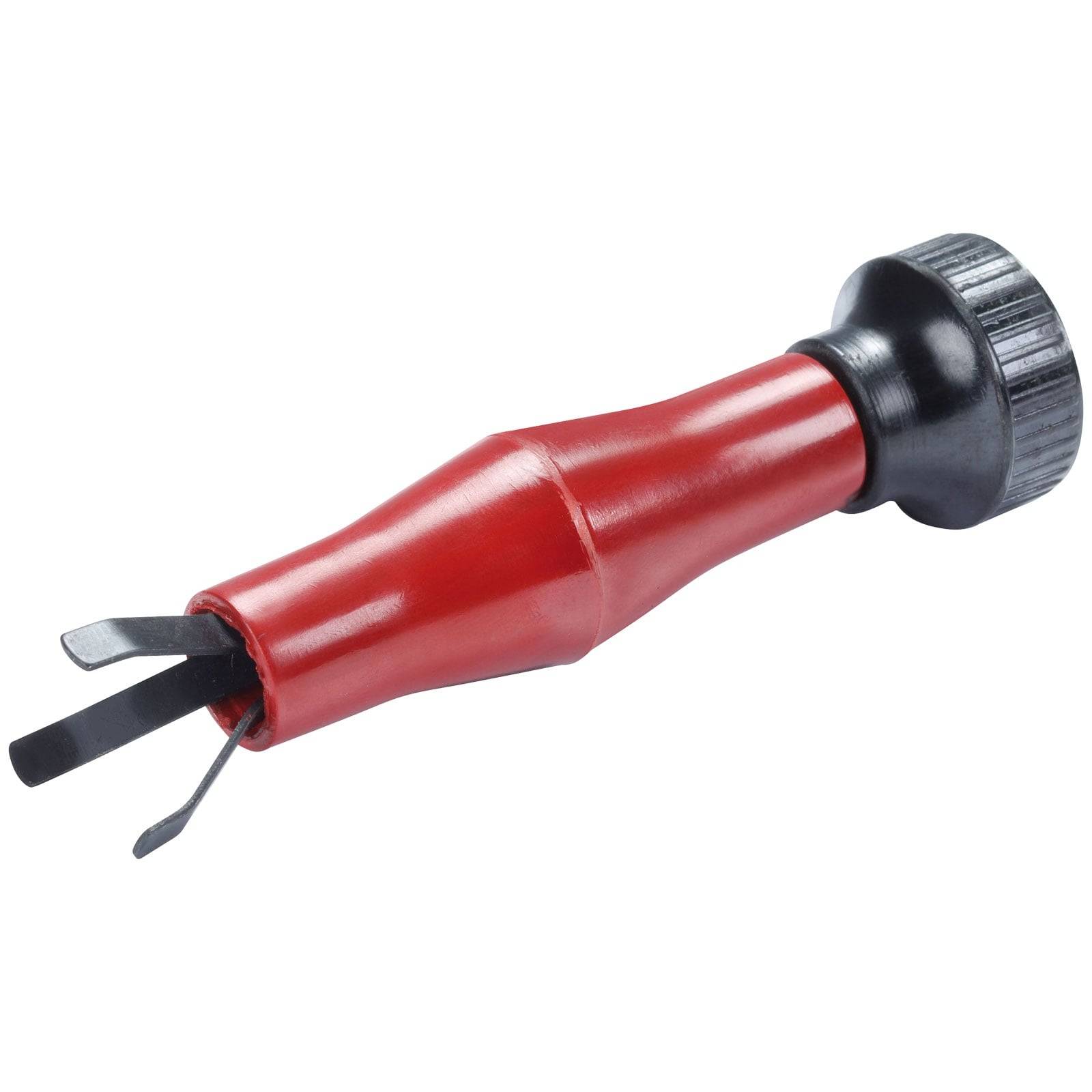 Ein rotes, handgehaltenes Entgratungswerkzeug mit einem Rotationskopf und auswechselbaren Klingen, das zum Glätten der Kanten von Metall- oder Kunststoffoberflächen entwickelt wurde.