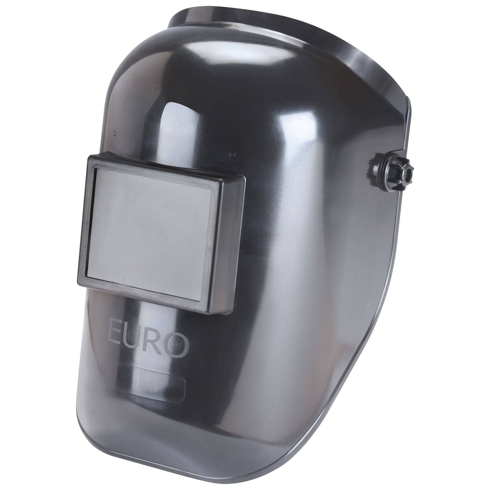Ein schwarzer Schweißhelm mit einem rechteckigen Sichtfenster, auf dessen Vorderseite das Wort 'EURO' eingeprägt ist.