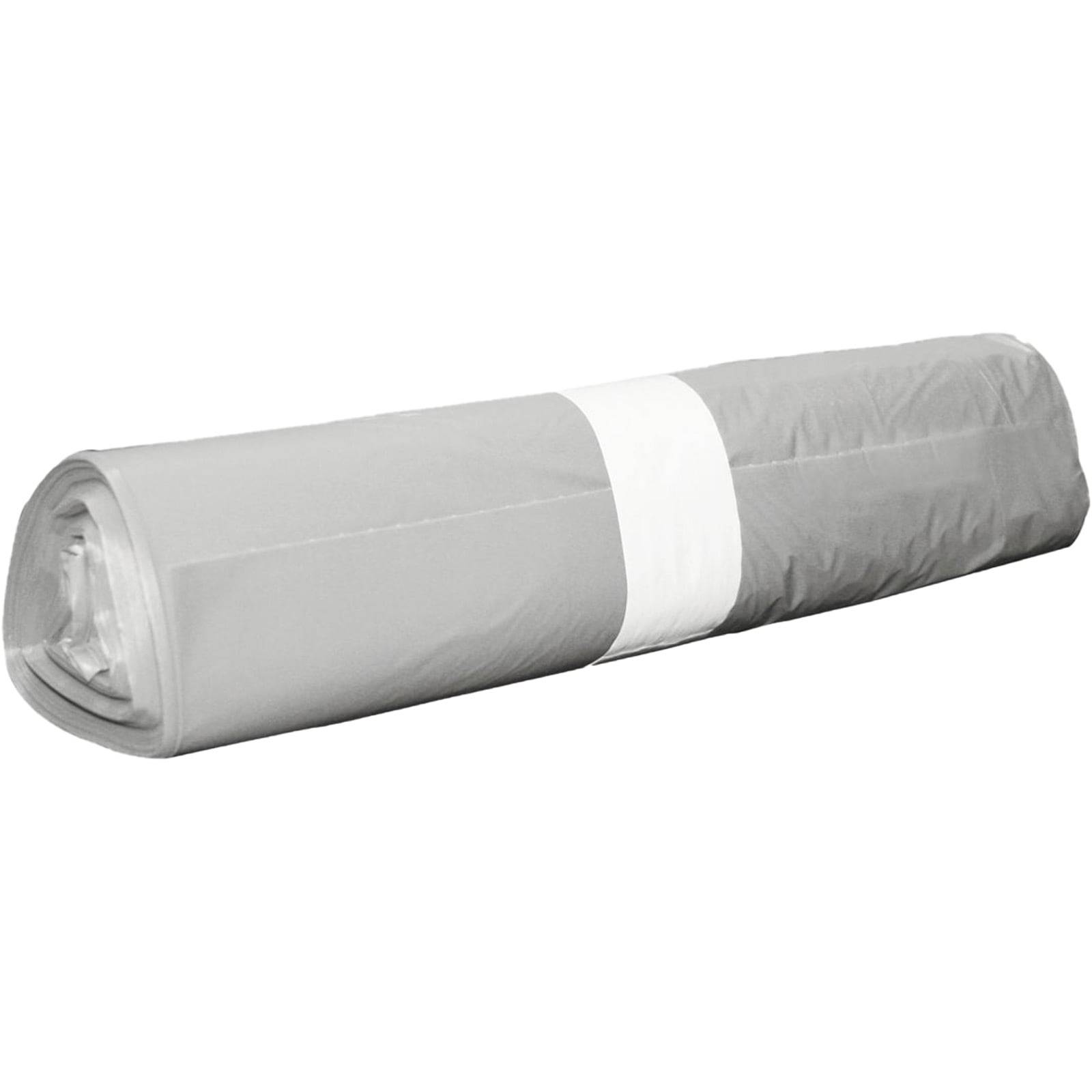 Eine aufgerollte graue Plane oder Abdeckung, mit einem weißen Gurt gesichert, auf einem neutralen Hintergrund platziert.