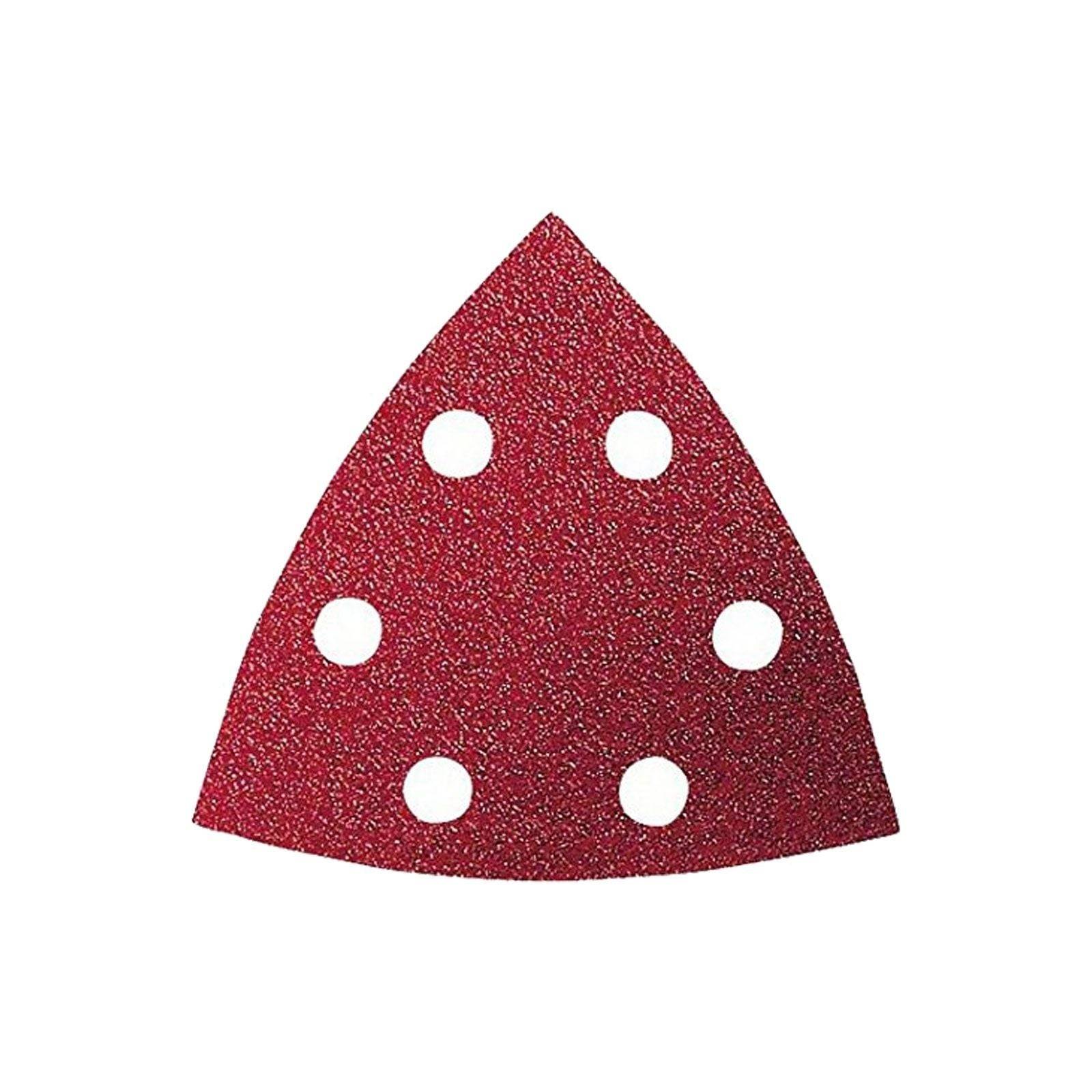 Ein dreieckiges, rotes Schleifpapierblatt mit sechs gleichmäßig verteilten kreisrunden Löchern, das für Elektro-Schleifwerkzeuge verwendet wird.
