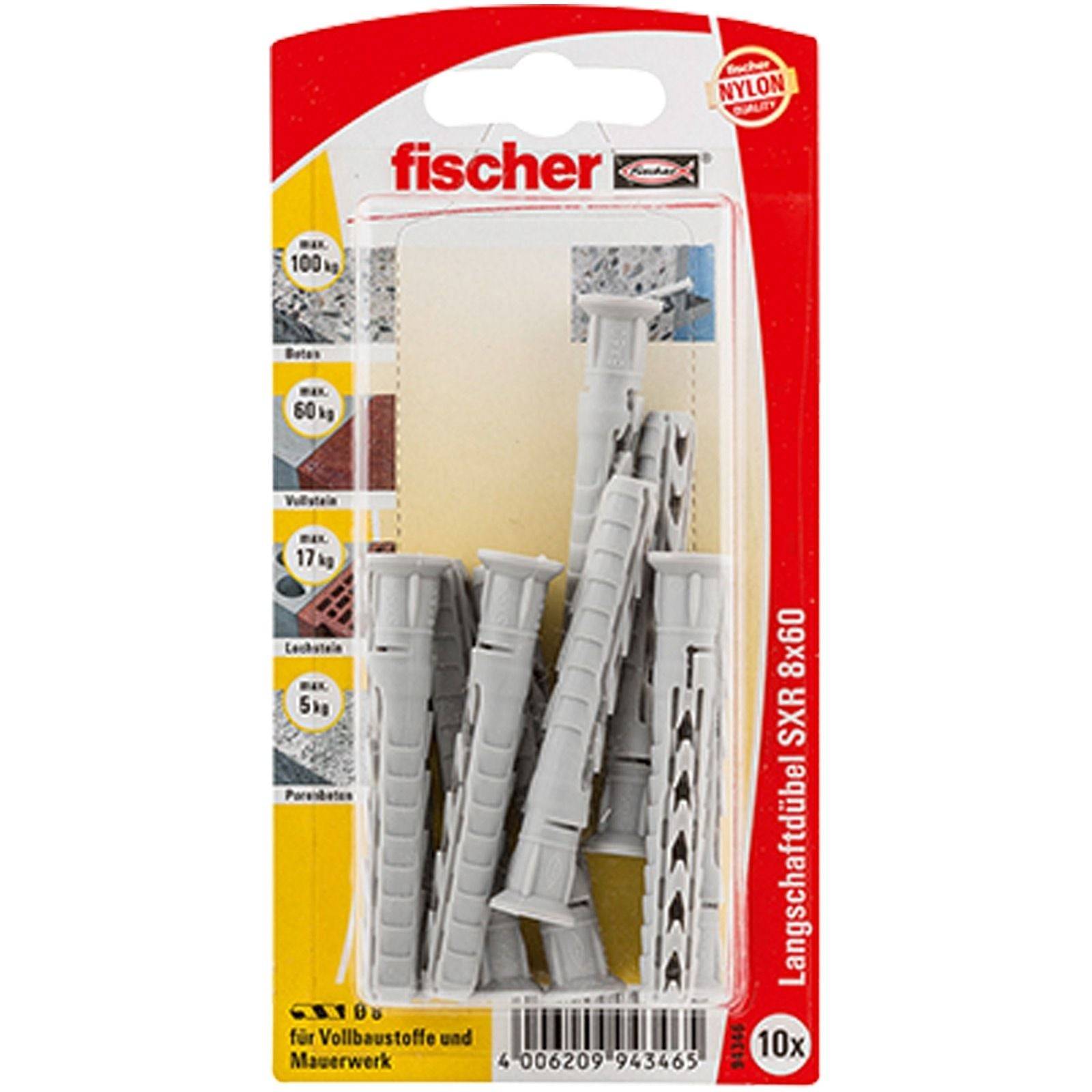 Packung mit grauen Nylon-Dübeln von 'fischer', geeignet für massive Strukturen und Mauerwerk, enthält 10 Stück.