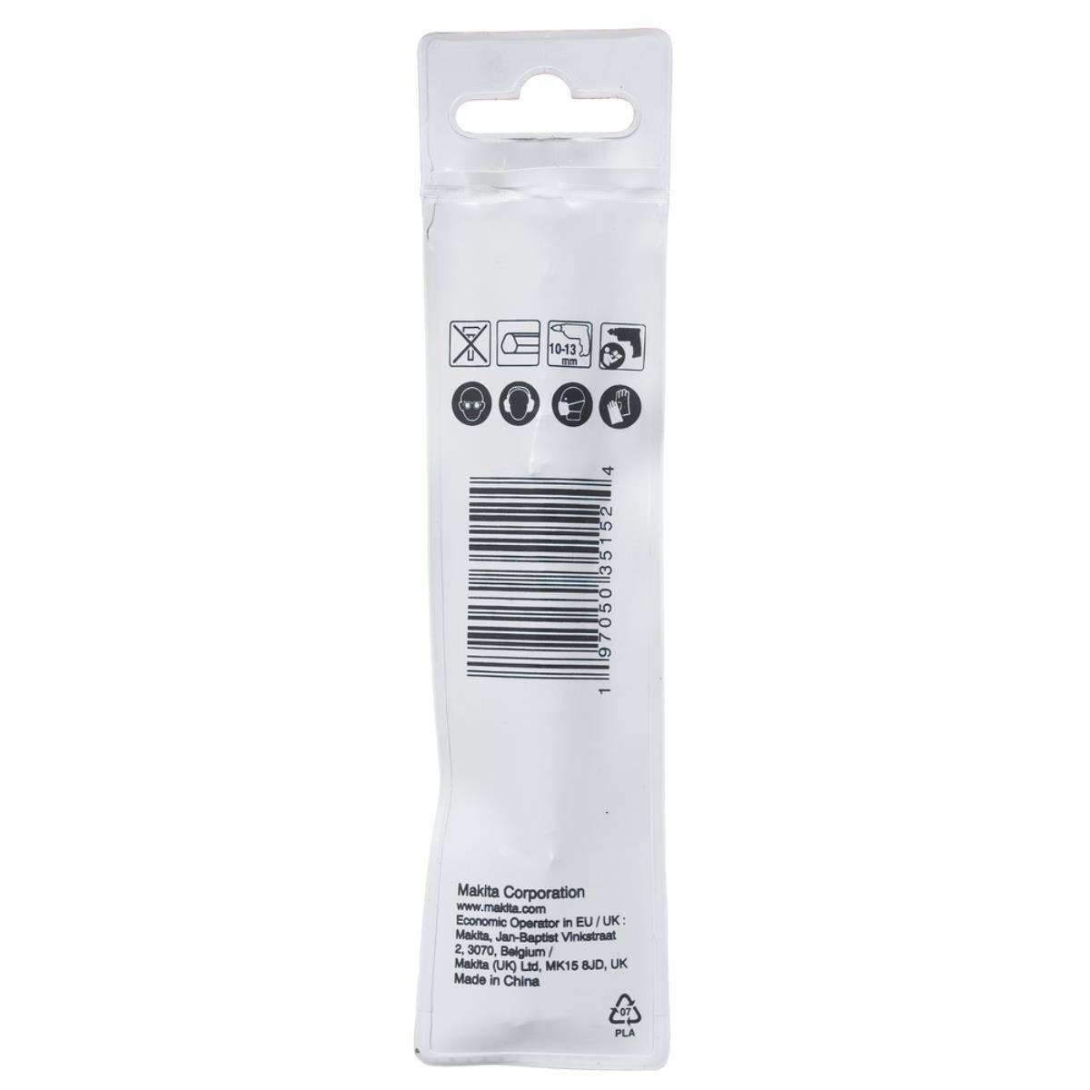 Weiße Kunststoff-Einzelhandelverpackungstasche mit Aufhängeschlitz, Barcode und kleinen Produktsymbolen; Etikett liest „Makita Corporation" und „Made in China"".