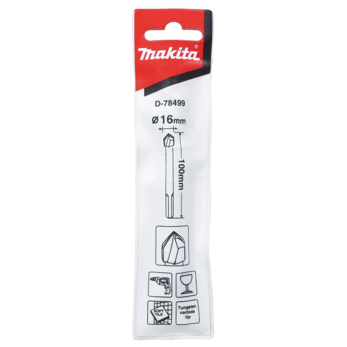 Makita D-78499 16 mm x 100 mm Bohrer-Paket, zeigt eine Wolframkarbid-Spitze und Symbole für die Verwendung auf weichen Fliesen.