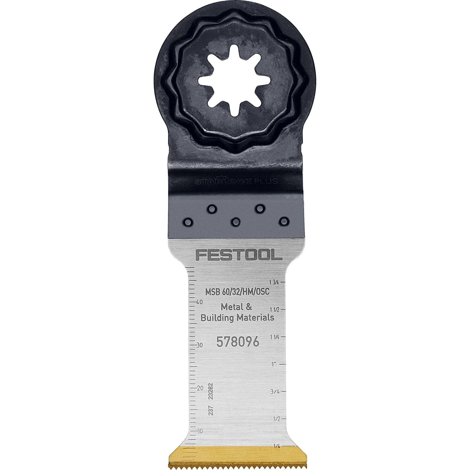 Eine Metallschneidklinge für Oszillationswerkzeuge; mit der Aufschrift 'FESTOOL', geeignet für Metall und Baumaterialien, mit dargestellten Maßangaben.