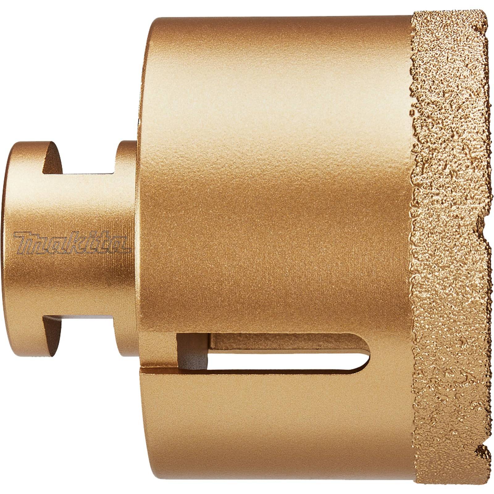 Ein zylindrischer, goldener Kernbohrer mit einer strukturierten Schneidkante, entwickelt zum präzisen Bohren von Löchern in Materialien wie Fliesen oder Glas.