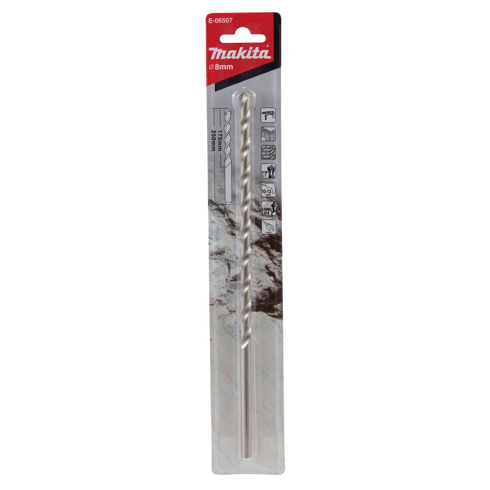Ein verpackter 8mm Makita Bohrer, entwickelt für präzises Bohren in verschiedenen Materialien, mit detaillierten Produktspezifikationen auf der Verpackung.