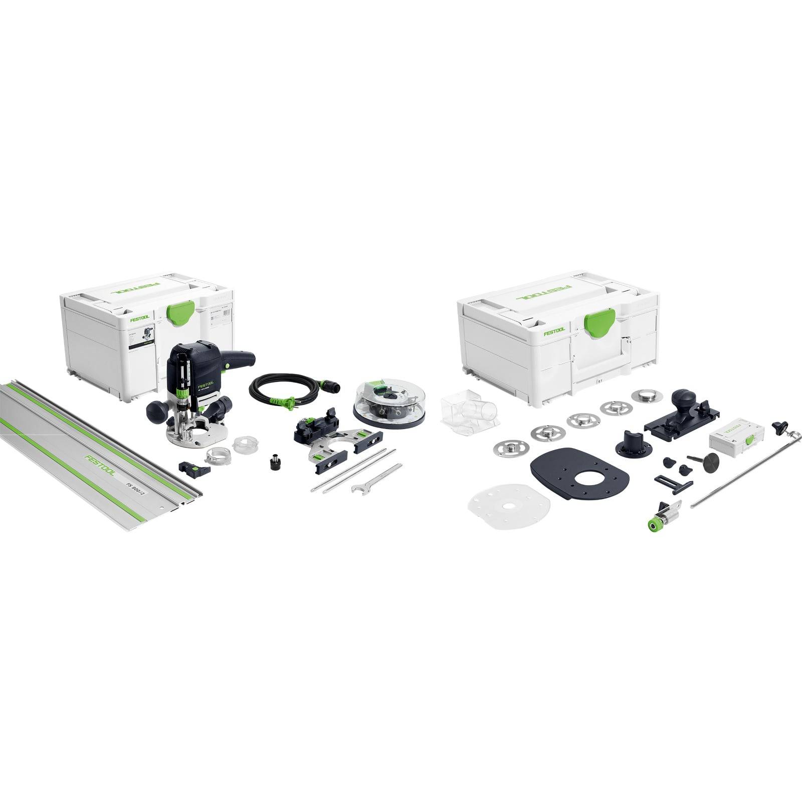 Festool Router-Set - Ein umfassendes Set mit einem Router, Führungsschiene, Zubehör und zwei Transportkoffer. Ideal für präzise Holzbearbeitung.