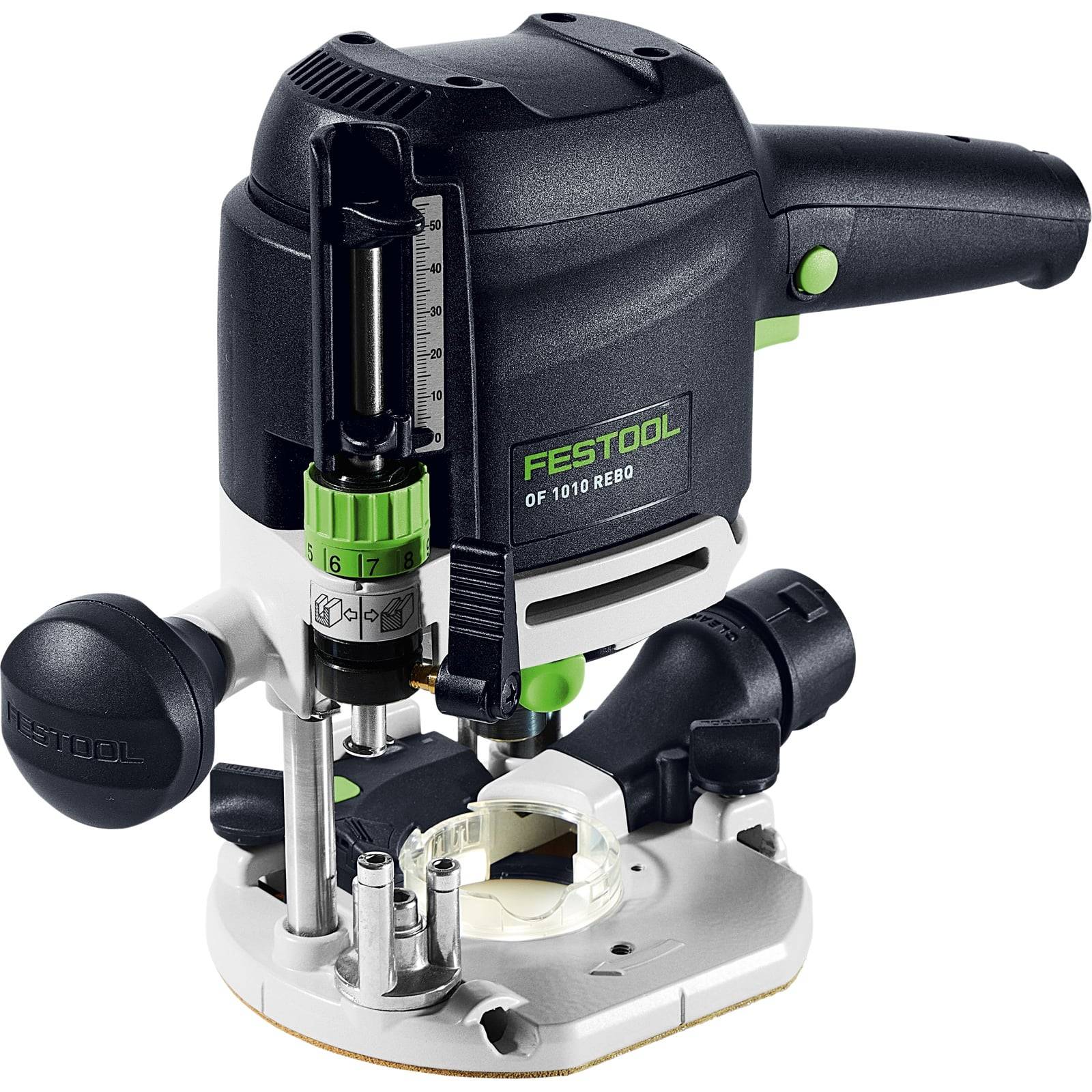 Ein Festool OF 1010 REQ Oberfräser mit ergonomischem Griff, Tiefenverstellung und grün-schwarzem Design, verwendet für präzise Holzarbeiten.