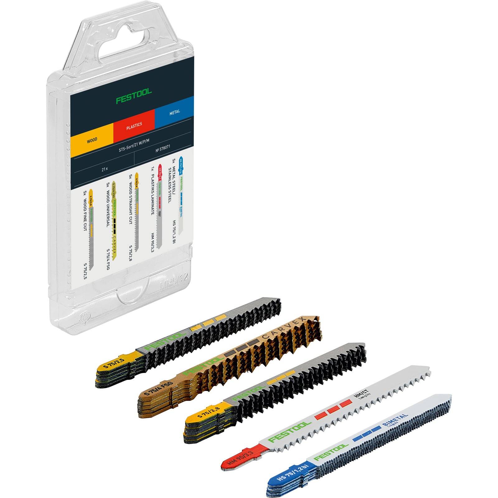 Eine Reihe verschiedener Festool Stichsägeblätter, die neben einer Verpackungsbox ausgelegt sind. Die Box hebt Spezifikationen für verschiedene Materialien hervor.