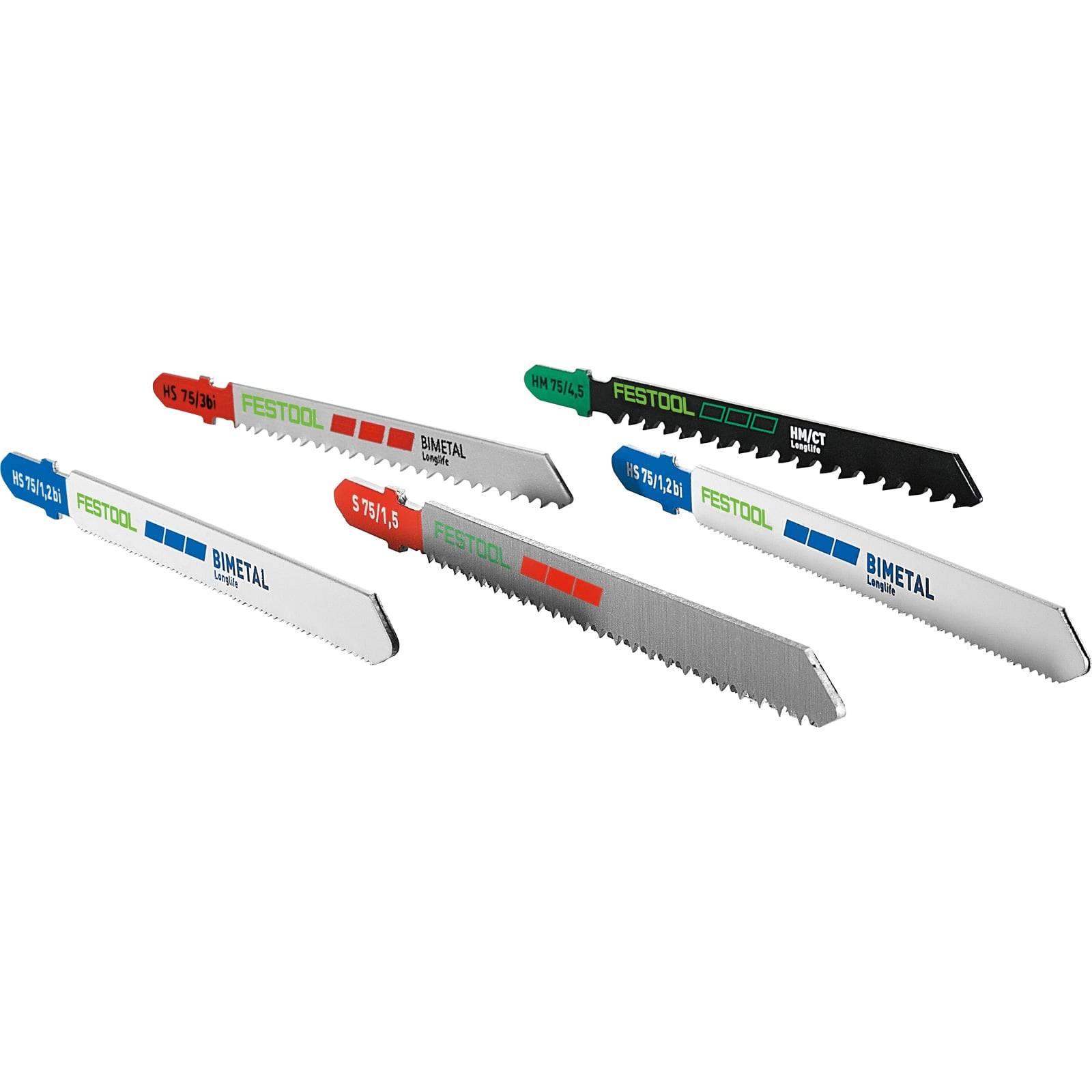 Sechs Festool Sägeblätter mit bunten Etiketten, unterschiedlichen Zahndesigns und 