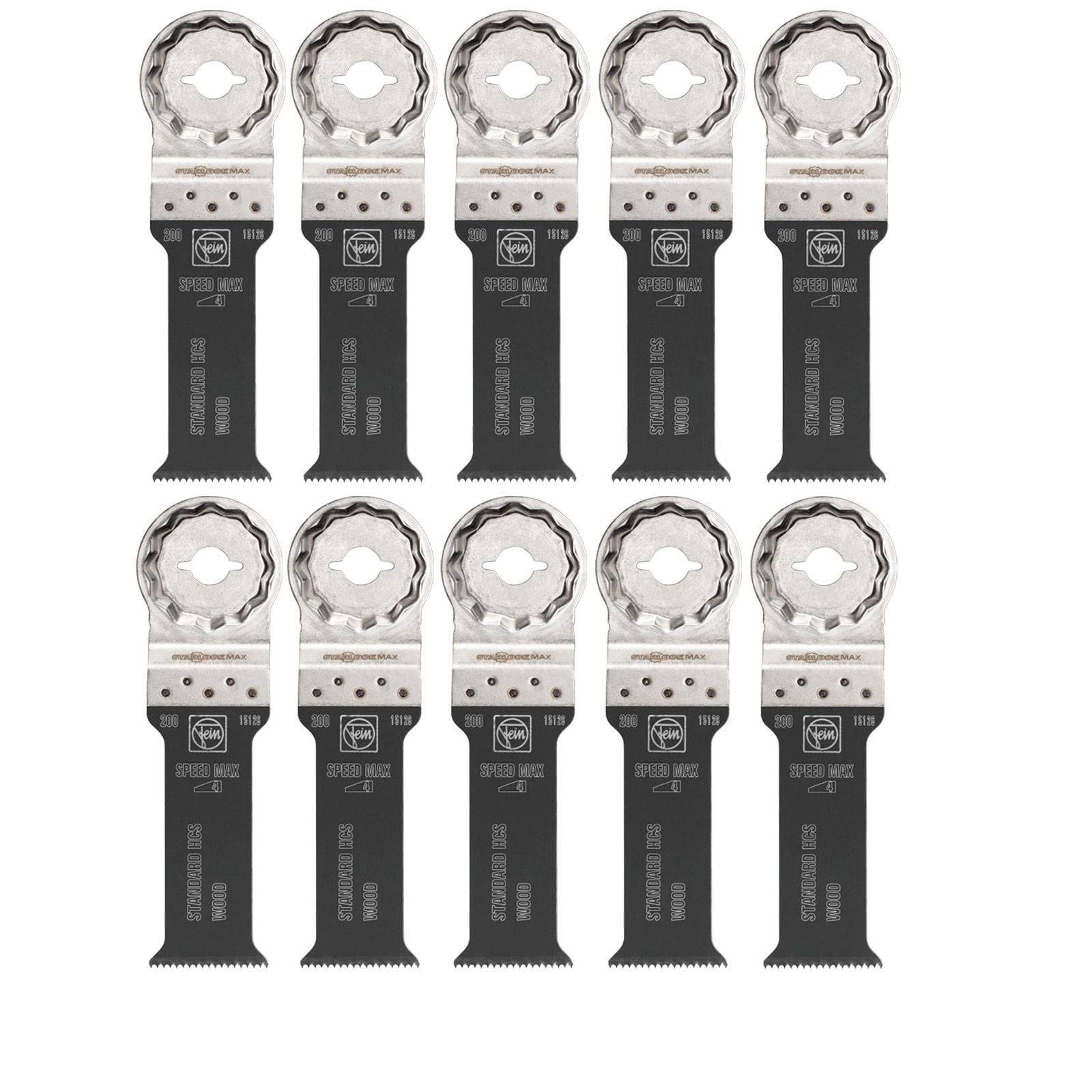 Zehn schwarze oszillierende Sägeblätter, in zwei Reihen angeordnet, jeweils gekennzeichnet mit 'Multitool' und 'Japan'.