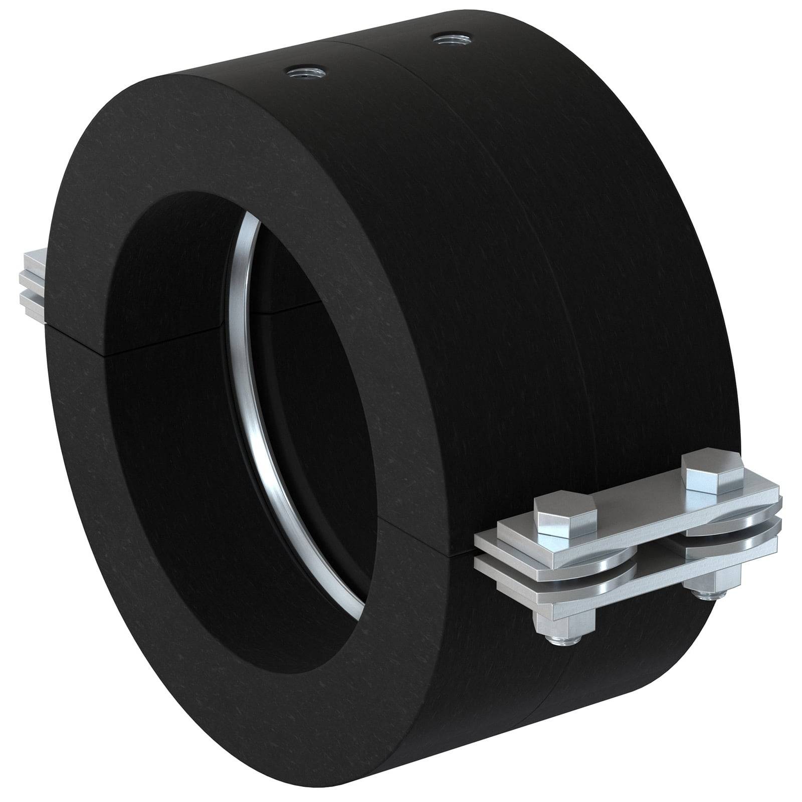 Schwarzes Rohrkupplungsstück mit Metallschrauben und glänzender Innenbeschichtung, das zum Verbinden von zwei Rohrabschnitten verwendet wird.