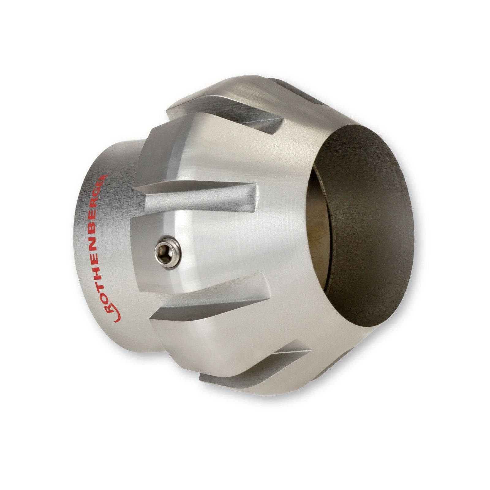 Silberner zylindrischer Rohrentgrater mit abgeschrägter Kante und roter Markierung an der Seite.