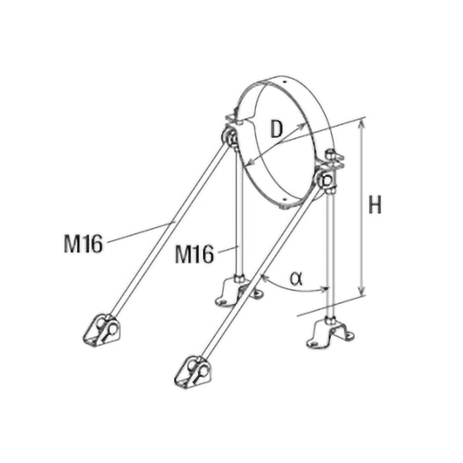 Diagramm, das ein kreisförmiges Objekt mit Durchmesser D zeigt, das von zwei Stäben mit der Bezeichnung M16 unter einem Winkel α gestützt wird. Höhe als H gekennzeichnet.