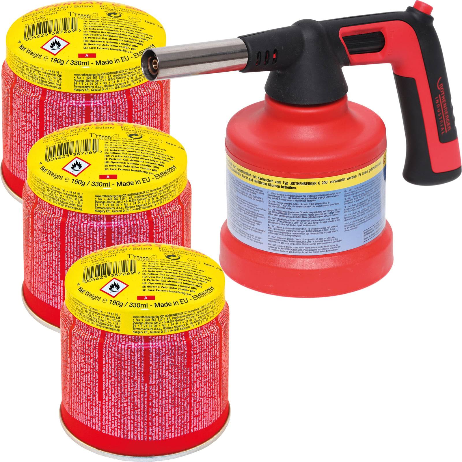 Butangas-Lötbrenner mit rotem Griff und drei gelben und pinken Gasflaschen, gekennzeichnet mit 198g/330ml, hergestellt in der EU, entwickelt zum Löten.