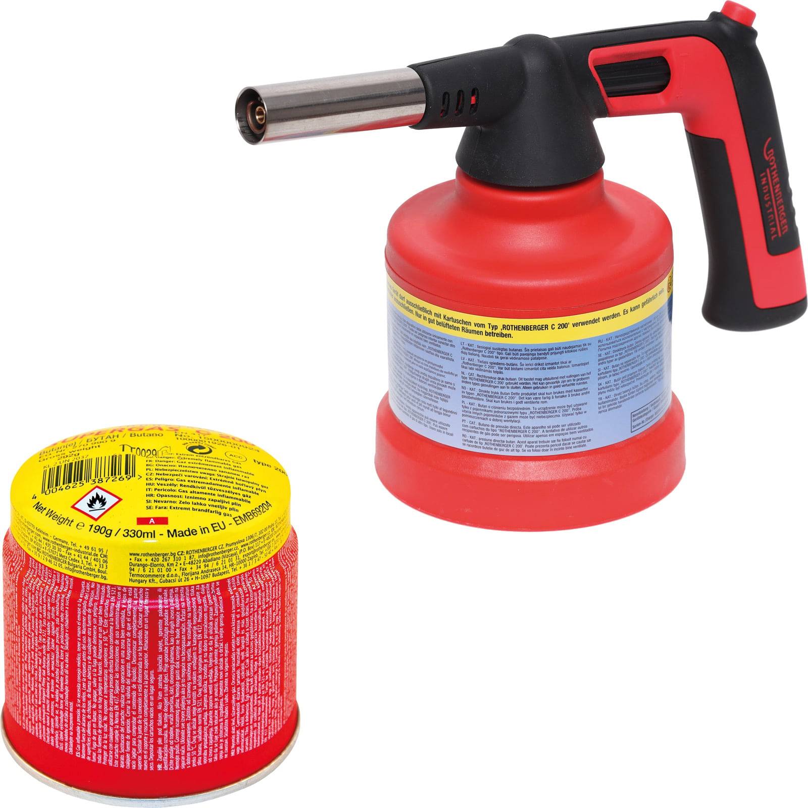 Lötlampe mit Gaskartusche und roter Gasflasche.