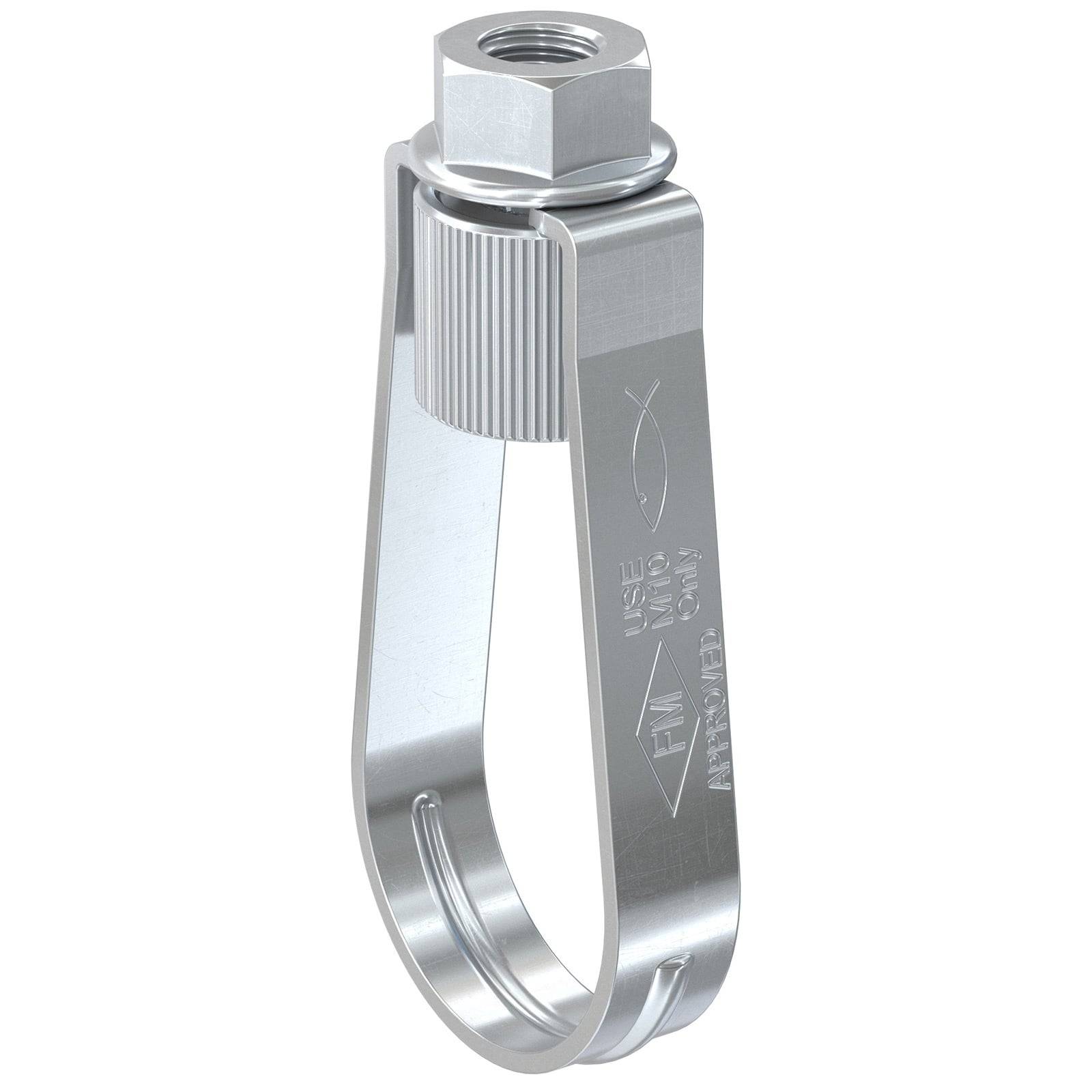 Ein silberner Metallbügel mit einem Bolzen und einer Mutter am oberen Ende. Er ist für die sichere Rohrabstützung konzipiert und zeigt Spezifikationen an der Seite.