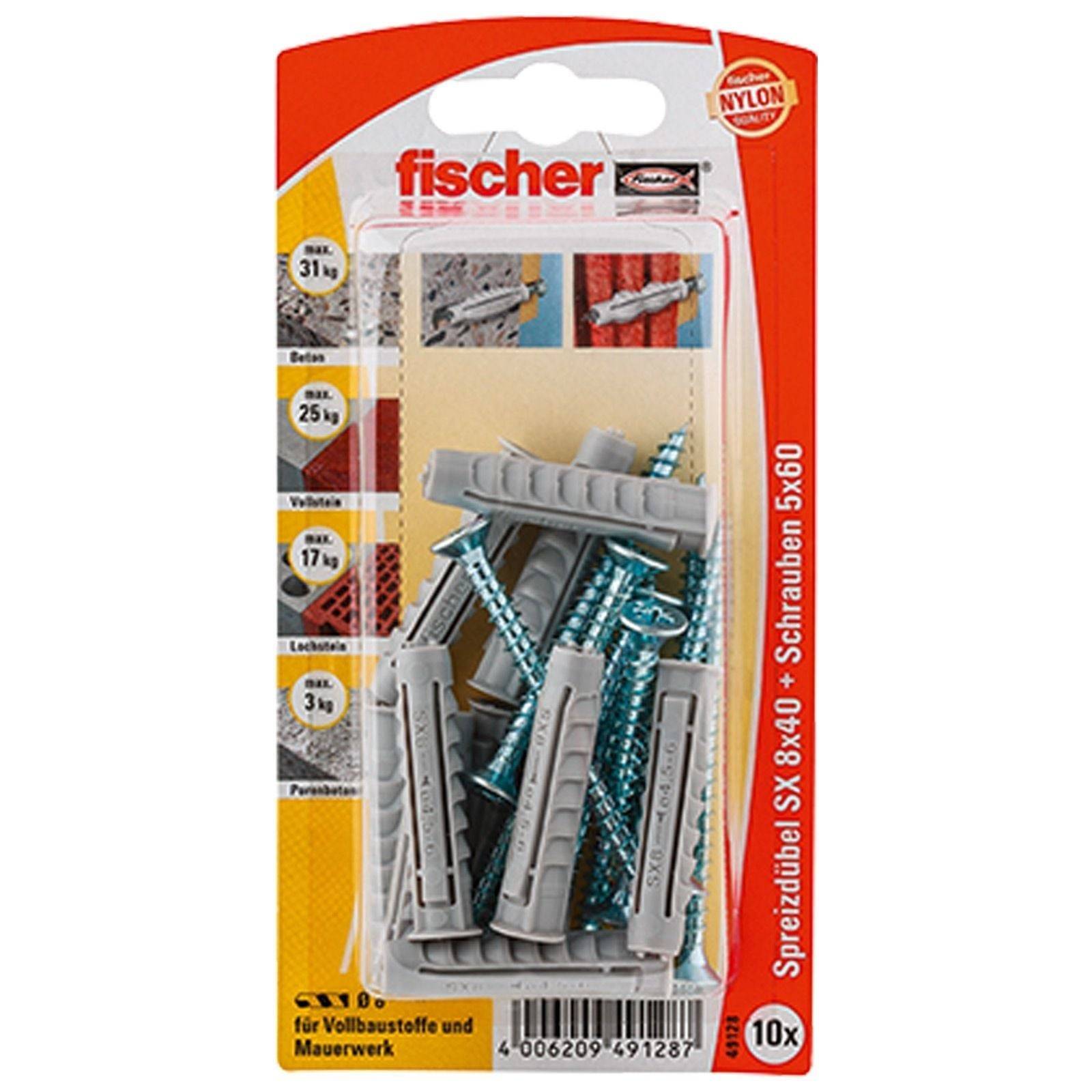 Packung von Fischer Nylon-Dübeln und Schrauben mit Etiketten zur Tragfähigkeit und Materialeignung.