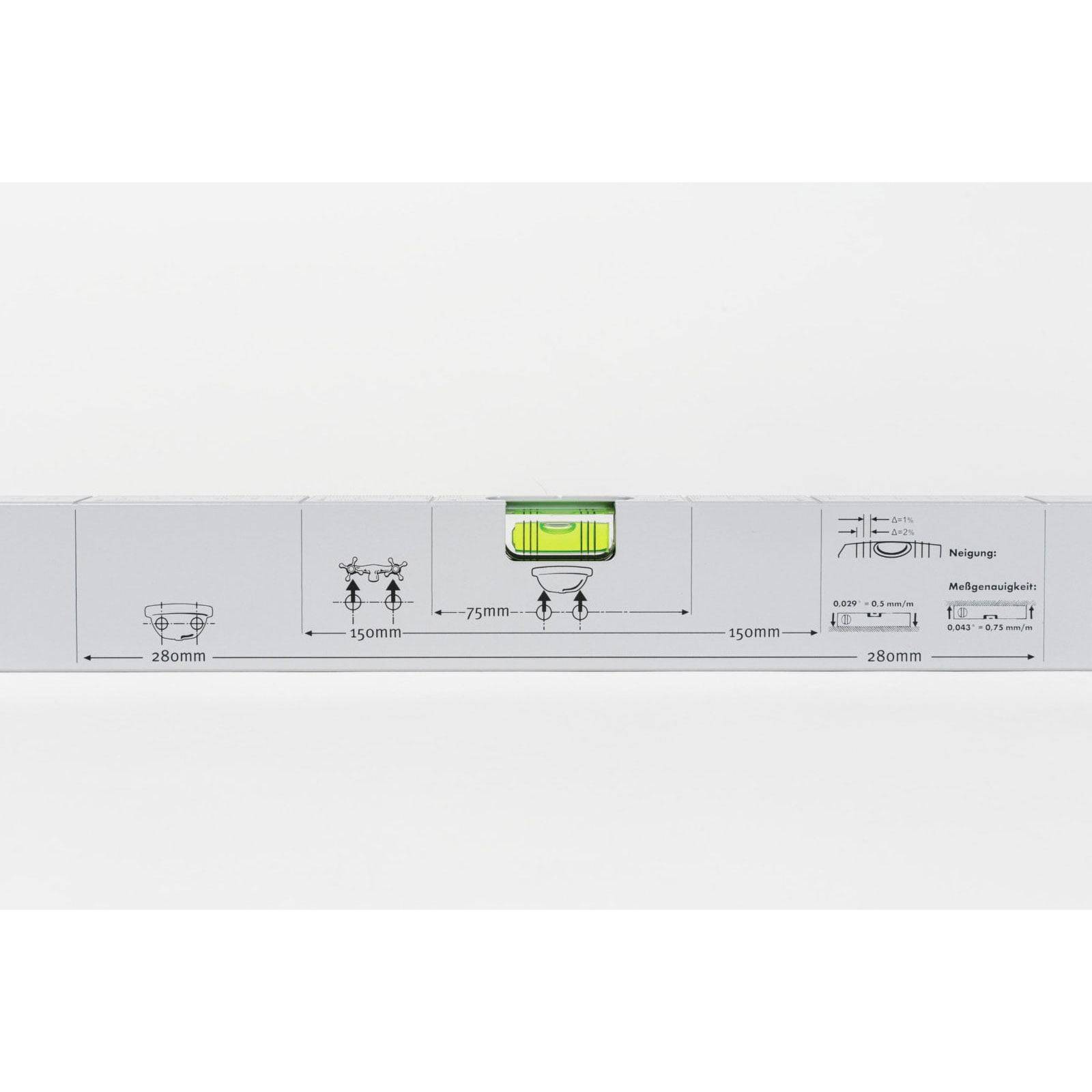Ein Wasserwaage mit grauer Oberfläche und einer zentralen grünen Libelle. Sie verfügt über Messleitlinien mit einer Länge von 280 mm, einem Mittelpunkt von 75 mm und Endpunkten von 150 mm.