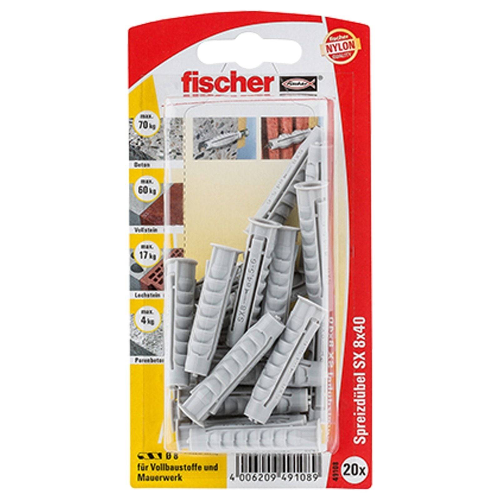 Packung mit Fischer SX 8x40 Dübeln, 20 Stück, geeignet für Beton und Ziegel, mit auf der Verpackung abgebildeten Montageanweisungen.
