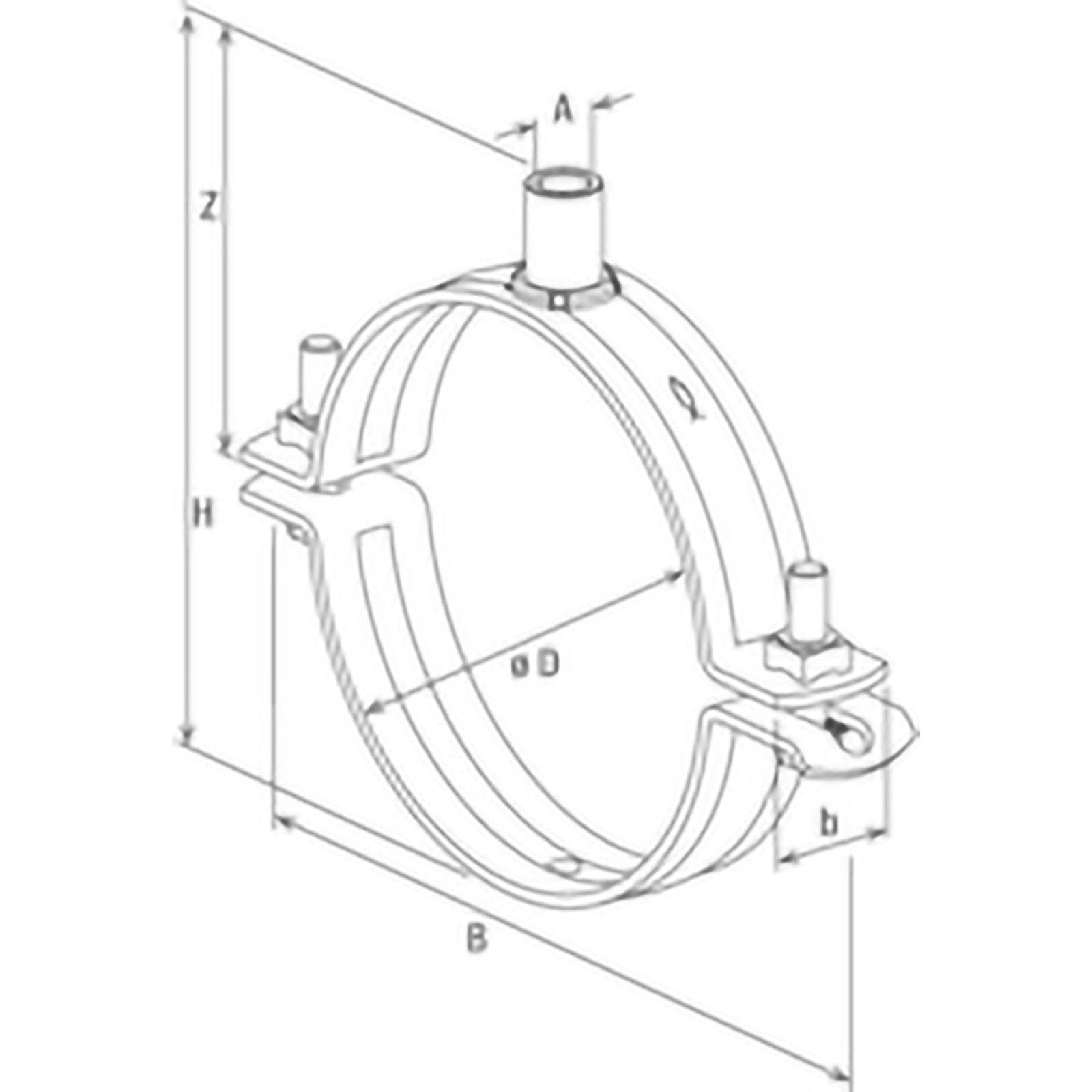 Technische Zeichnung einer Rohrklemme mit Maßangaben, gekennzeichnet mit A, B, D, H und Z, mit markierten Bolzen- und Lochanordnungen.