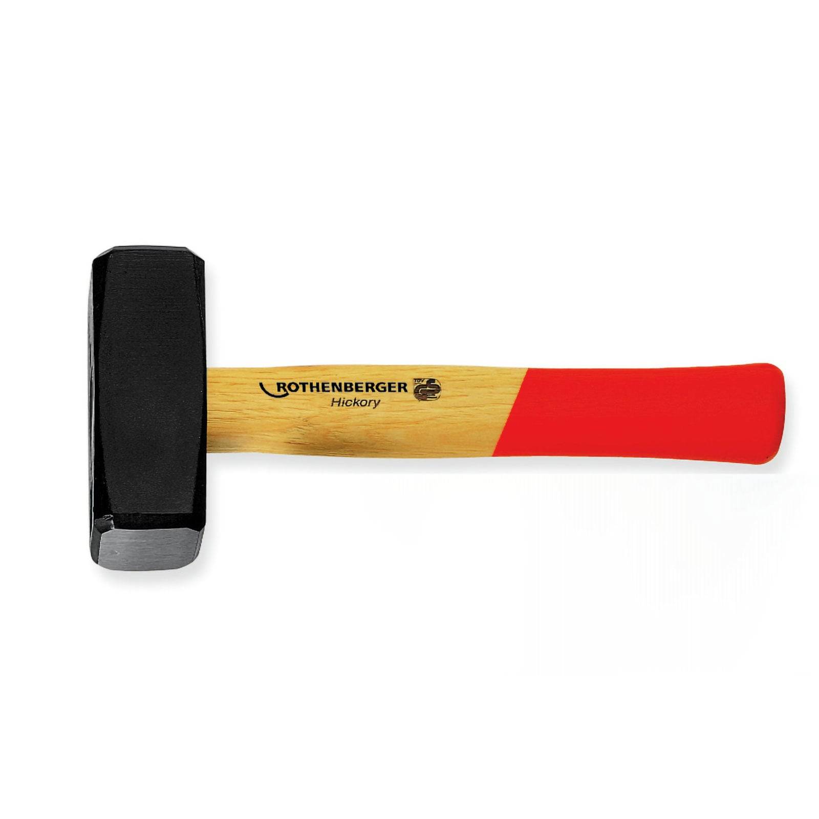 Ein Hammer mit einem schwarzen Kopf und einem Holzgriff, der teilweise in Rot bedeckt ist. Der Griff trägt den Text 'Rothenberger Hickory'.