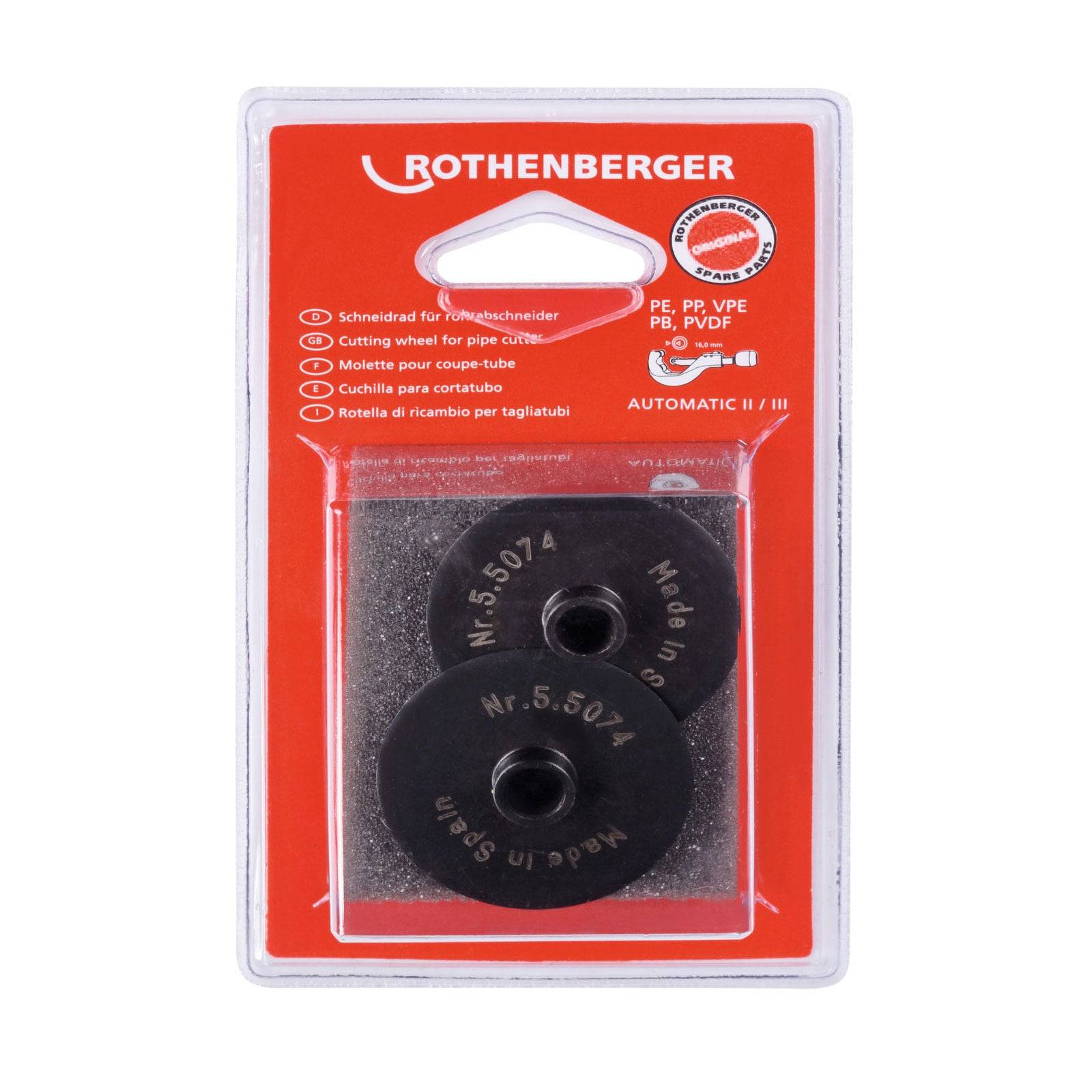 Paket mit zwei schwarzen Schneidrädern für Rohrabschneider, beschriftet mit 'Rothenberger', 'Nr. 5.5074', 'Made in Spain', für präzises Rohrschneiden.