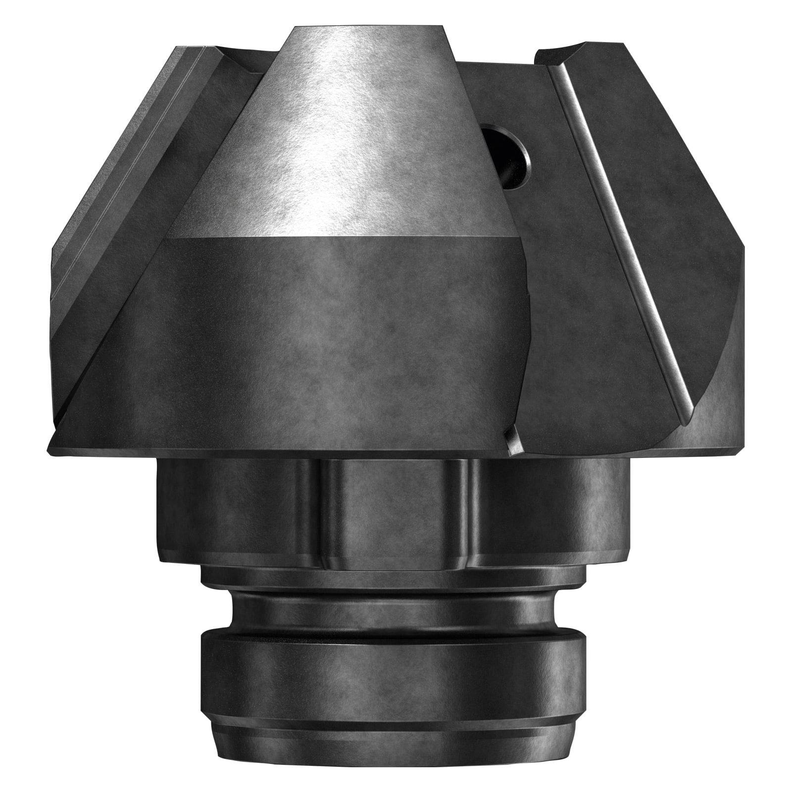 Eine Nahaufnahme eines metallischen Industriewerkzeugs mit konischer Form und scharfen Kanten, das für Bohr- oder Schneidarbeiten in maschinellen Anwendungen verwendet wird.