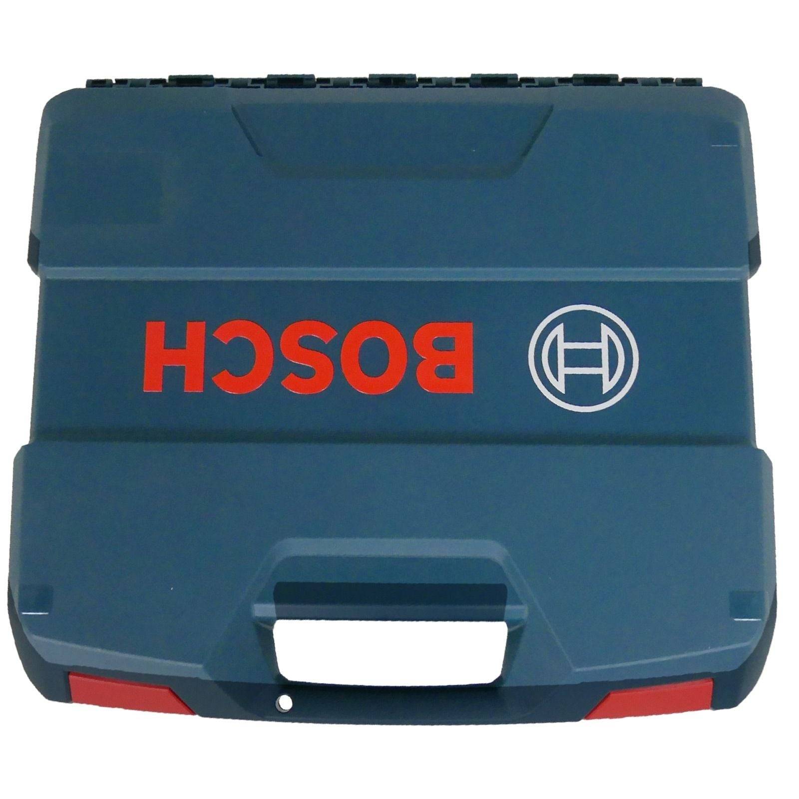 Ein blauer Bosch-Werkzeugkoffer mit rotem Logo und charakteristischem Griff, der zum Transport von Werkzeugen oder Ausrüstung verwendet wird.