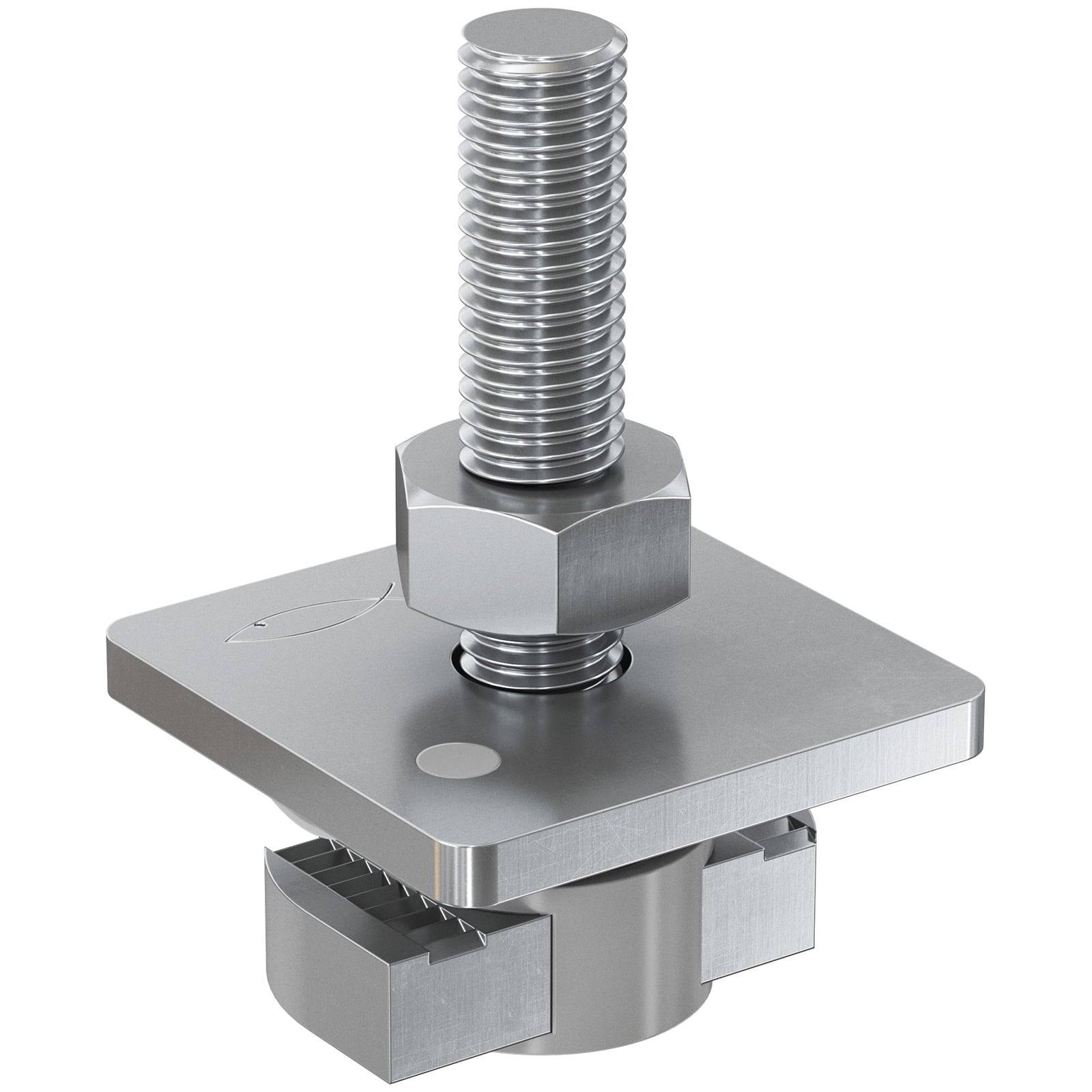 Eine Metallbolzeneinheit mit einer quadratischen Platte und Mutter, ausgestattet mit einer Gewindestange und zwei querschnittlichen Basiskomponenten.
