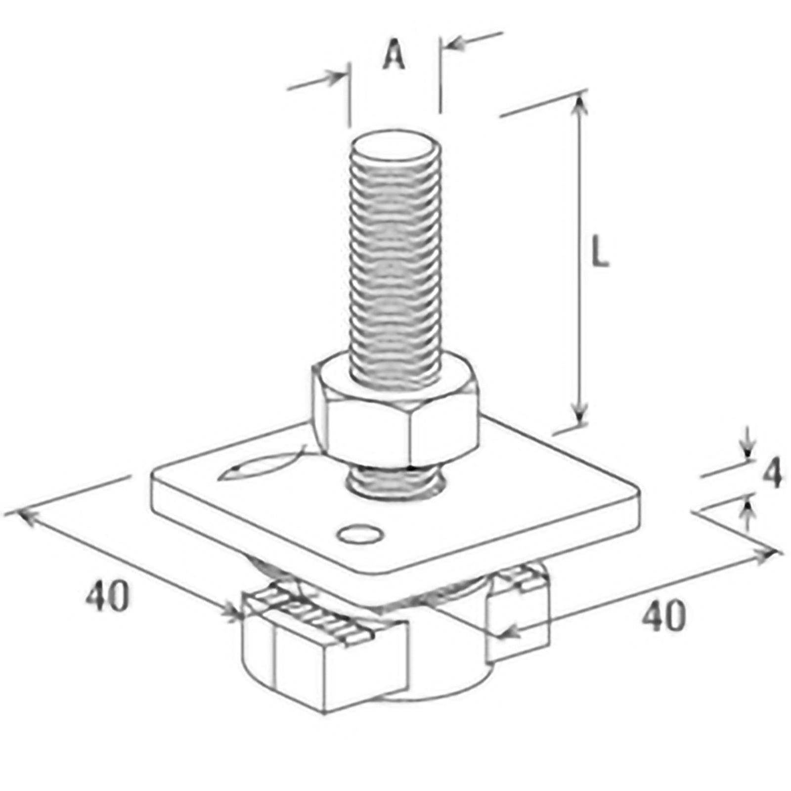 Diagramm einer Schraubenbefestigung mit Maßen: 'A' für Schraubendurchmesser, 'L' für Schraubenlänge, Plattenlänge und -breite jeweils 40 Einheiten, Dicke 4 Einheiten.
