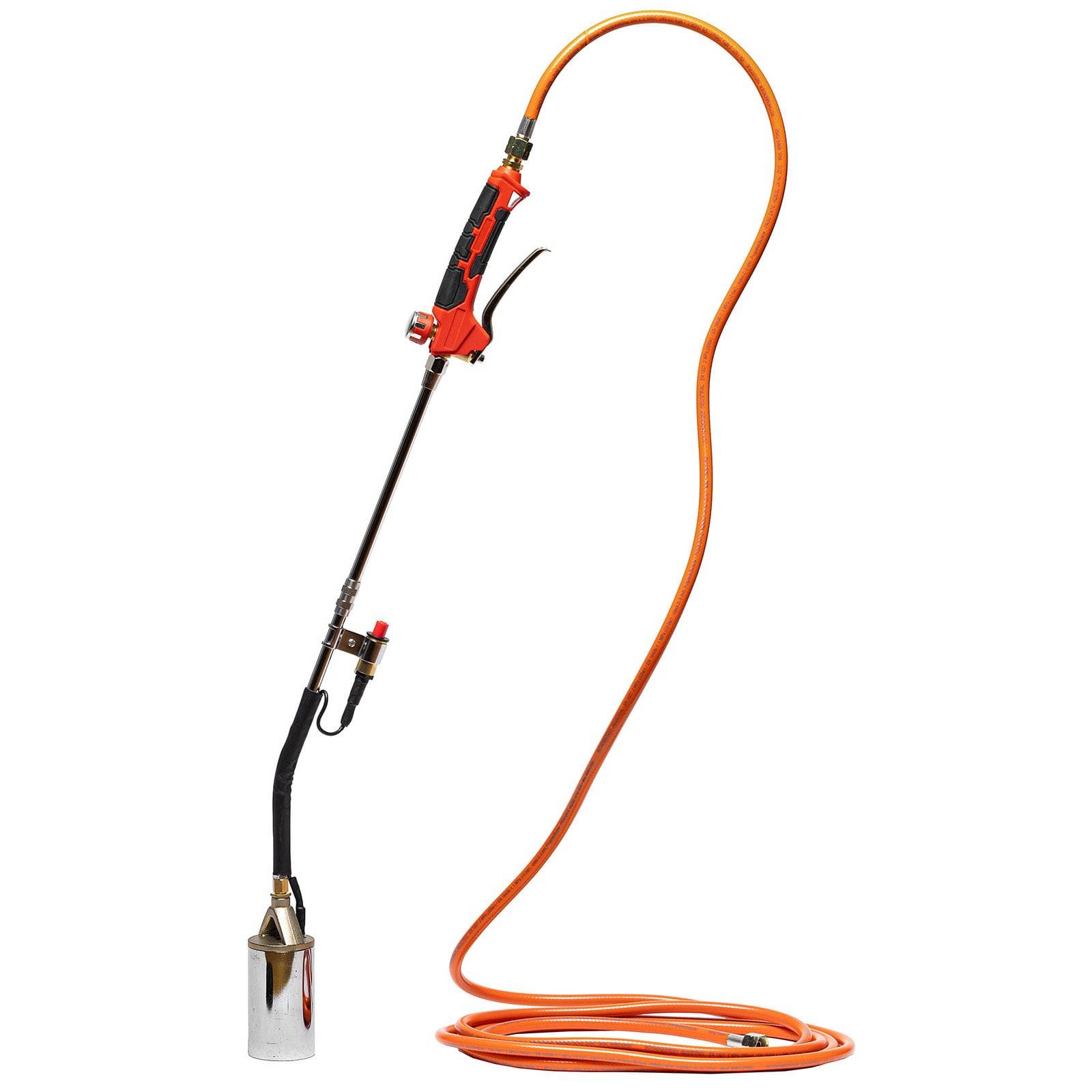 Eine lange orangefarbene Gartenfackel mit einem Metallbrenner, einem Regelventil am Griff und einem verlängerten Schlauch zur Verbindung mit einer Gasquelle.