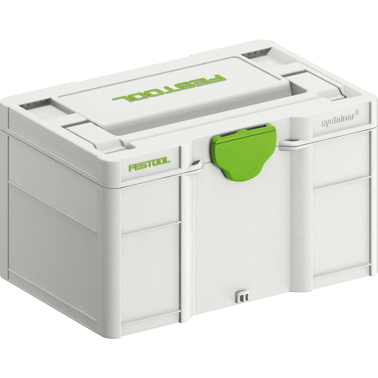 Eine graue Festool Systainer-Box mit grünem Griff und Verschluss, die zum Lagern und Transportieren von Werkzeugen verwendet wird. Der Markenname ist oben sichtbar.