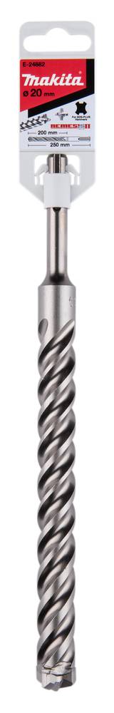 Makita 20-mm-Spiralbohrer in Einzelhandelsverpackung, mit silbernem Spiralstahlbohrer vertikal auf weißem Hintergrund dargestellt.