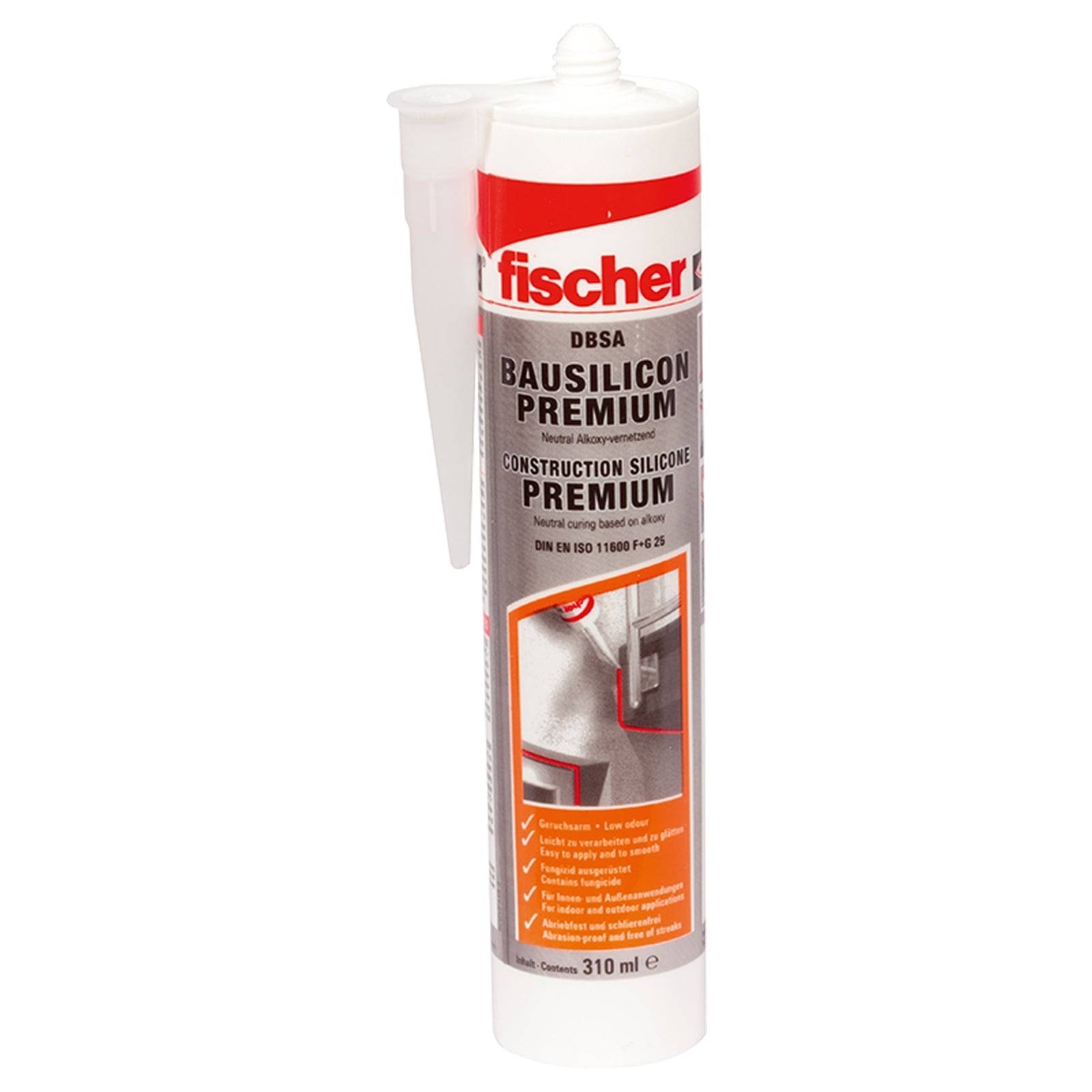 Tube des 'fischer Bausilicon Premium' Dichtstoffs, ein Silikondichtstoff für den Bau, verfügt über eine Düse zur Applikation und hat ein Volumen von 310 ml.