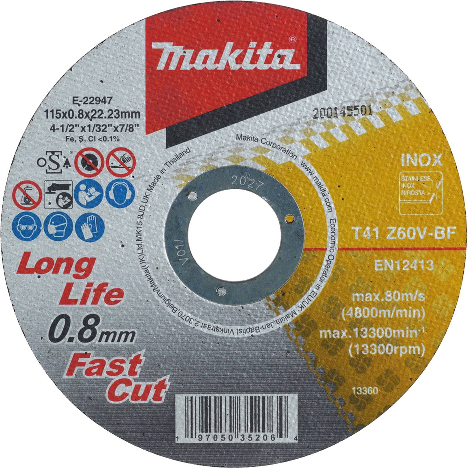 Makita Trennscheibe mit den Abmessungen 115x0,8x22,23 mm, gekennzeichnet als ‚Long Life 0,8 mm Fast Cut'. Geeignet für Metalle mit einer maximalen Geschwindigkeit von 80 m/s.