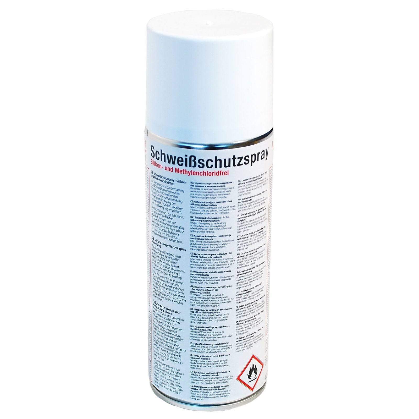 Eine Dose 'Schweißschutzspray', ein Schweißschutz-Antihaftspray, mit einem weißen Deckel. Die Etikette enthält detaillierte Gebrauchsanweisungen und Gefahrensymbole.