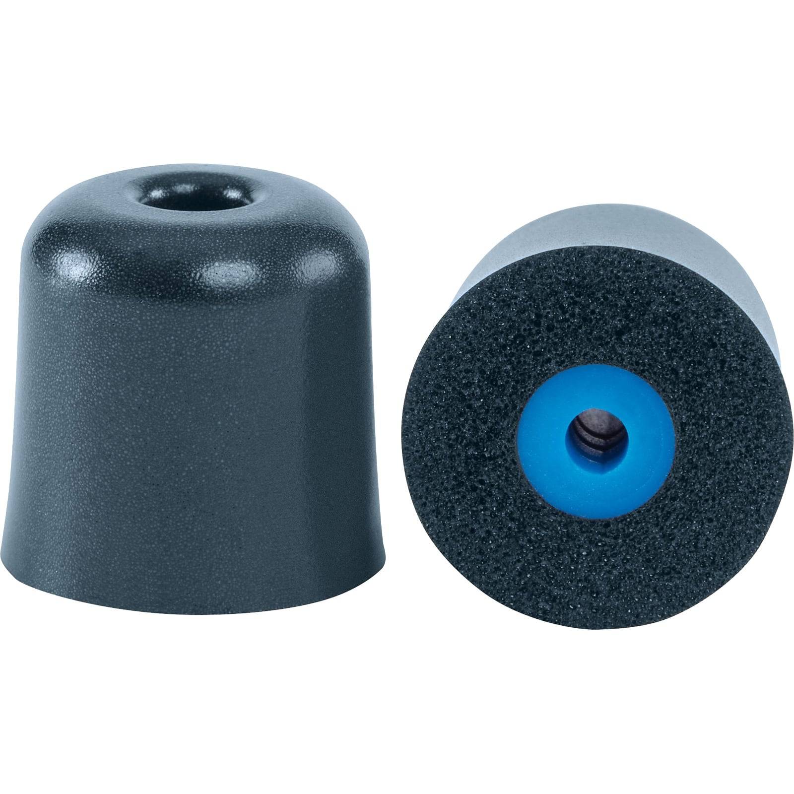 Zwei Ohrhörer-Schaumstoffspitzen, eine aufrecht stehend und die andere mit Blick auf das innere Loch, in einer blau-schwarzen Farbkombination.