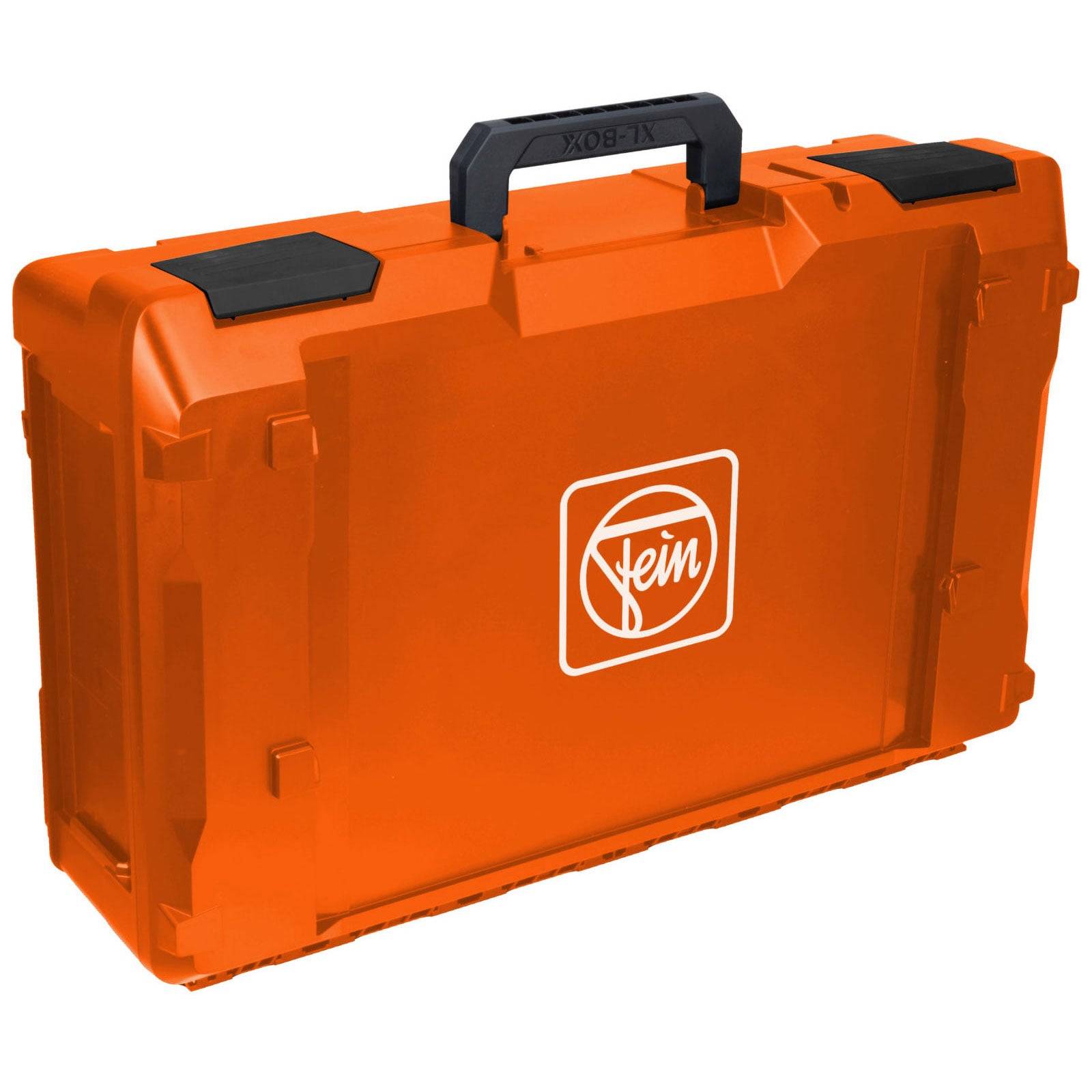 Eine orangefarbene Werkzeugbox mit einem schwarzen Griff und einem weißen 'Fein' Logo an der Seite. Der Koffer wirkt robust und ist zum Tragen von Werkzeugen konzipiert.