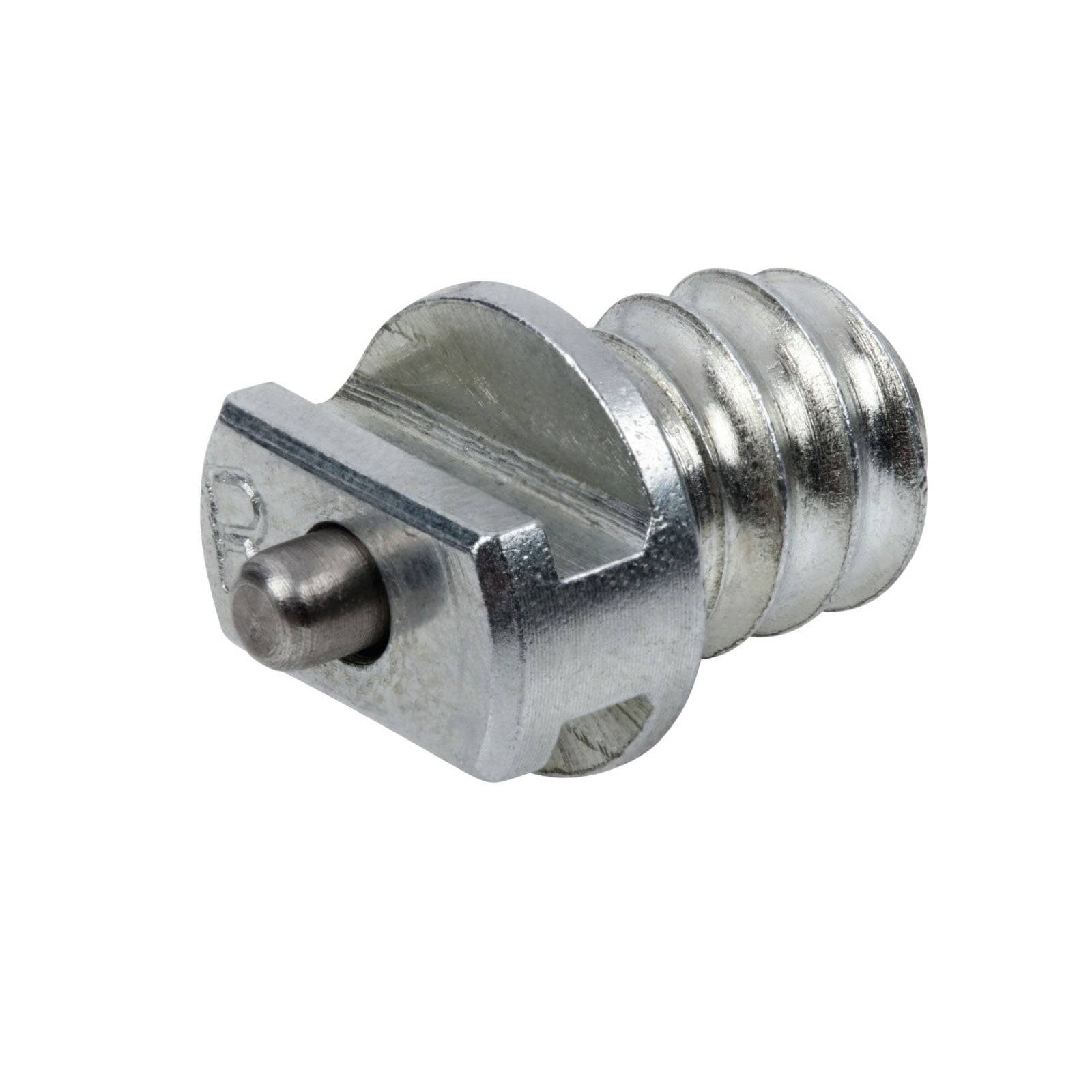 Eine Metallkamera-Stativverriegelungsschraube, die ein Schraubengewinde an einem Ende und eine flache Platte mit einem hervorstehenden Stift am anderen Ende zeigt.