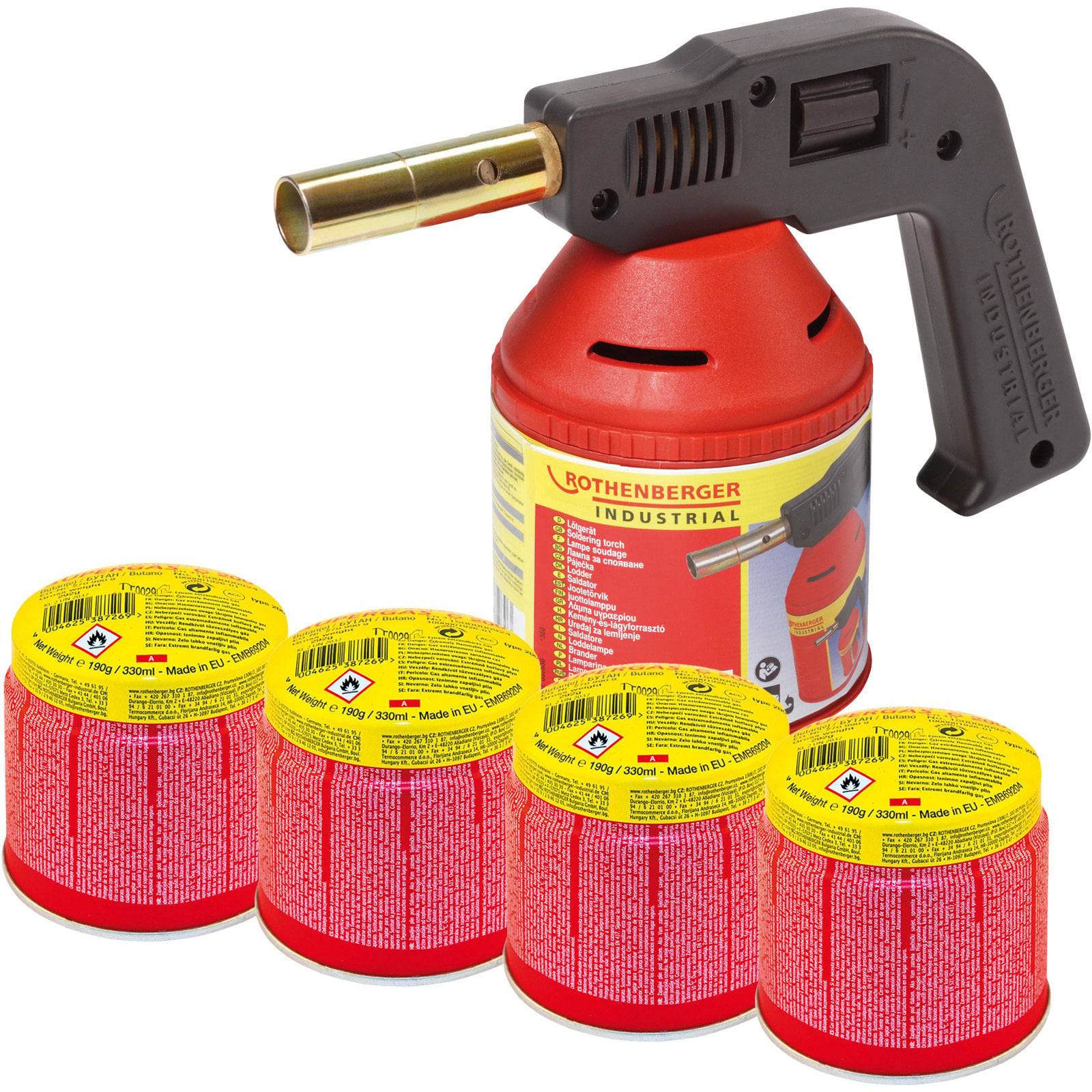 Eine rote Gasfackel mit einem schwarzen Griff, der mit ‚ROTHENBERGER INDUSTRIAL' beschriftet ist, befindet sich neben vier kleinen roten und gelben Gaskanistern.