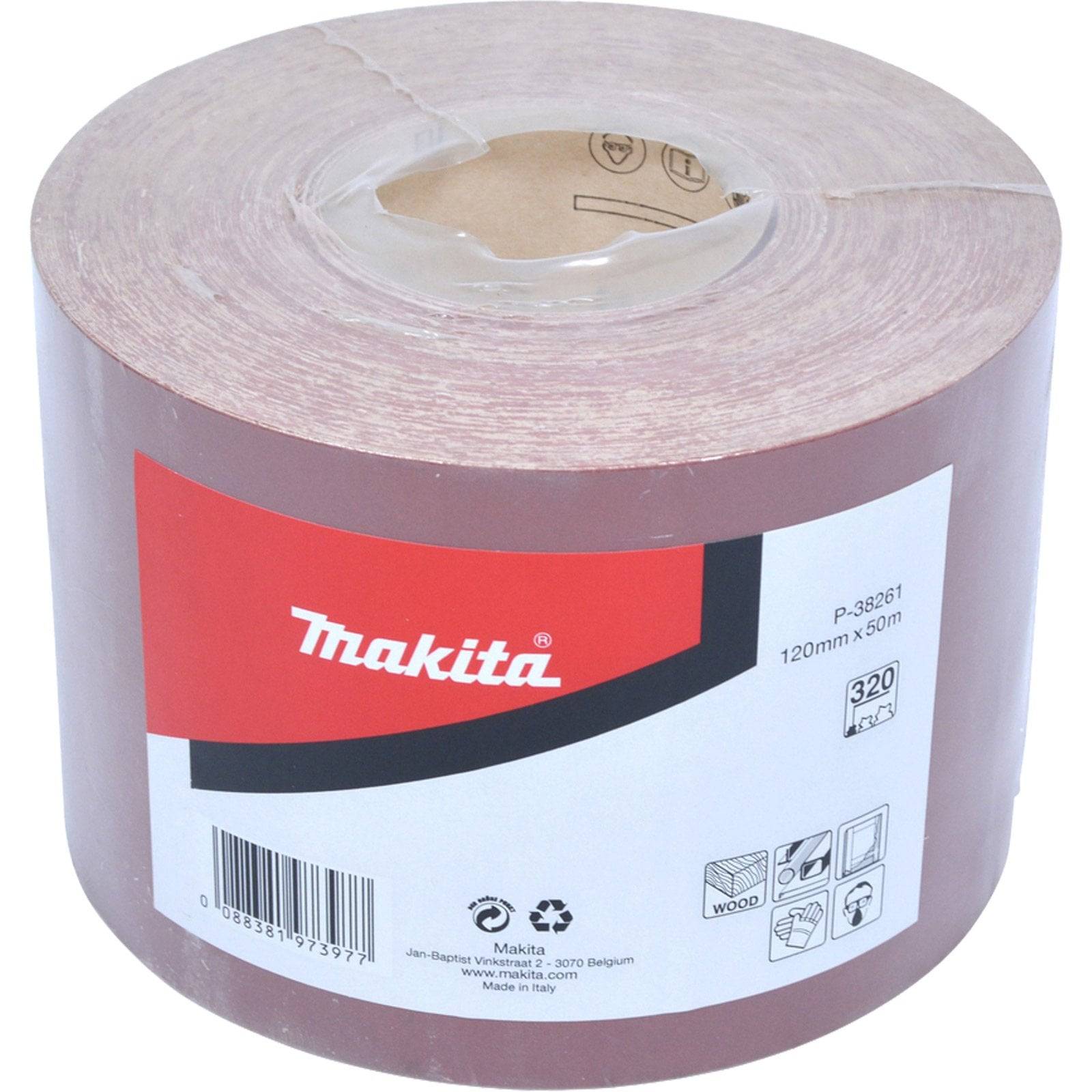 Eine Rolle Makita-Schleifpapier, 120 mm x 50 m, mit der Bezeichnung '320' Körnung, geeignet für Holz-, Metall- und Lackoberflächen, mit Produktdetails.