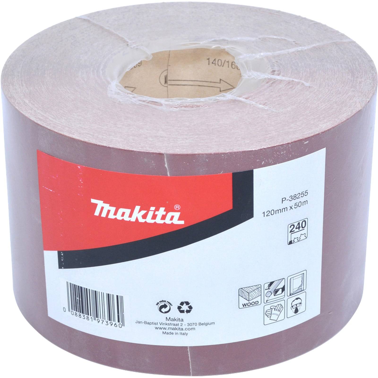 Brauner Makita Schleifpapierrollband, 120mm x 50m, mit Artikelnummer 'P-38255', Körnung 240. Symbole zeigen Anwendung für Holz, Lack und Metall.