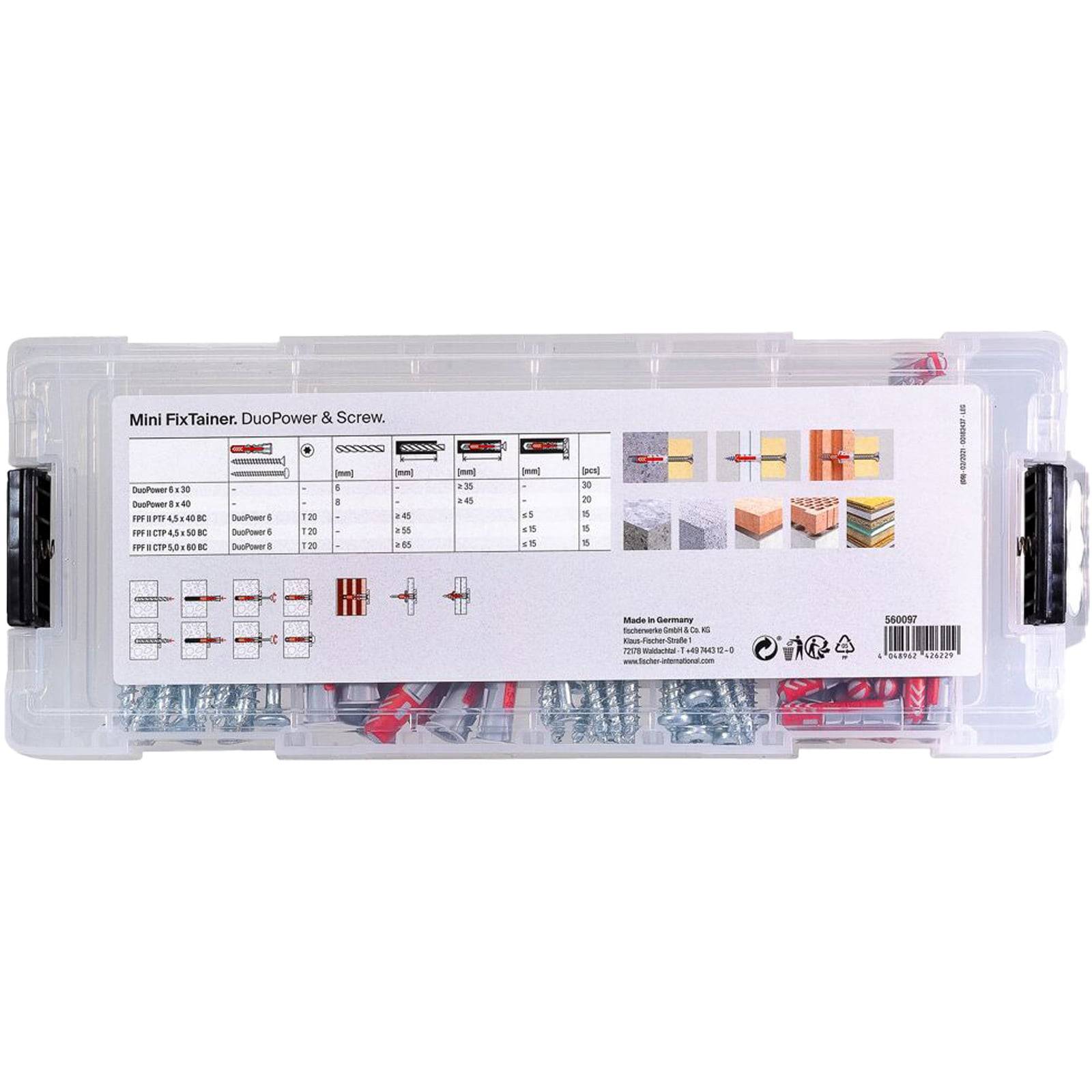 Ein durchsichtiger Plastikbehälter mit der Aufschrift 'Mini FixTainer: DuoPower & Schraube', der verschiedene Schrauben und Dübel mit Spezifikationen zeigt.
