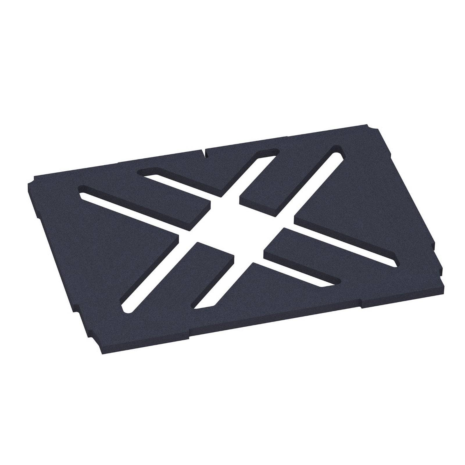 Rechteckiges schwarzes Objekt mit einem X-förmigen Ausschnittmuster, möglicherweise eine Platte oder ein Gitter.