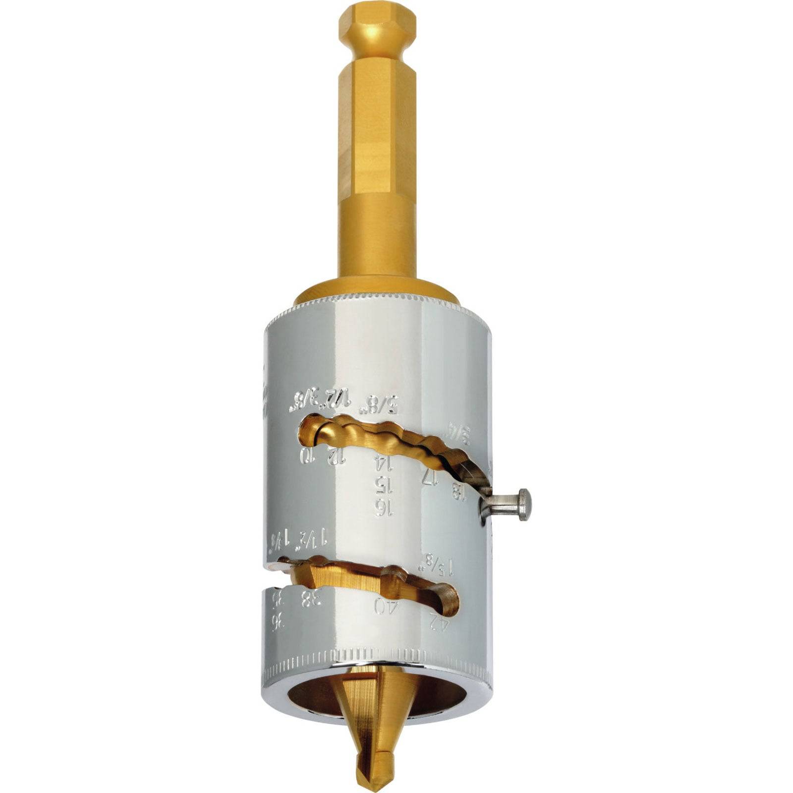 Ein Metalllochmesser mit verstellbaren Größen, ausgestattet mit einem goldenen Bohrer und einem zylindrischen silbernen Körper mit eingravierter Maßskalierung.