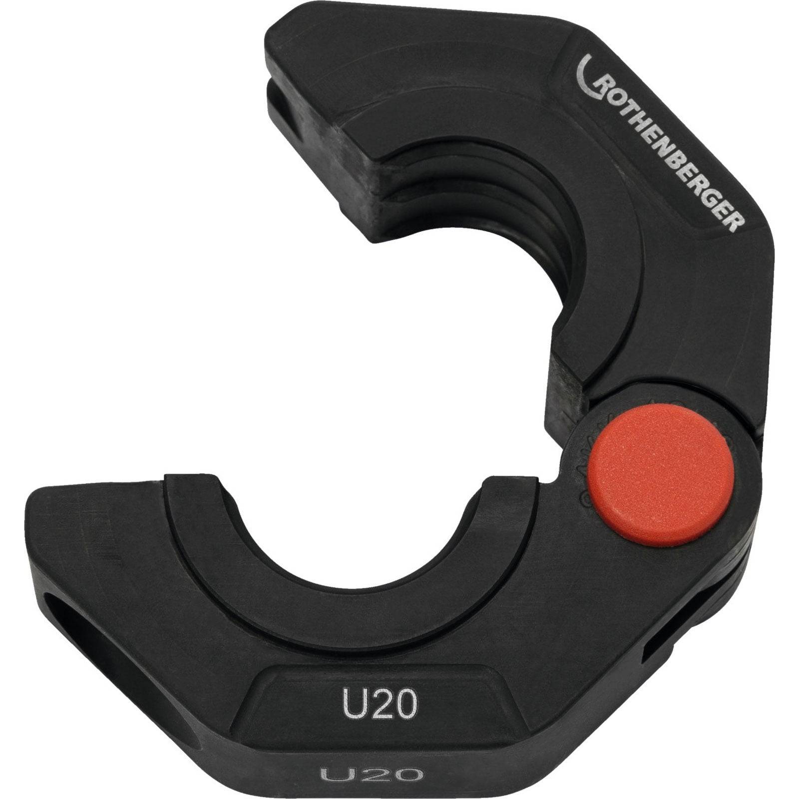 Ein schwarzer U-förmiger Rohrabschneider der Marke 'ROTHENBERGER' mit einem roten Einstellknopf, entwickelt für präzises Rohrabschneiden.