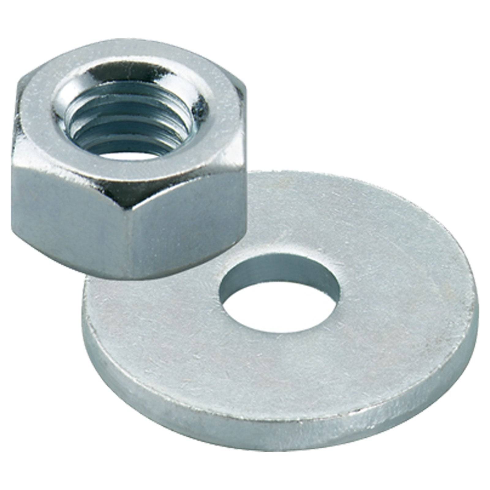 Eine Sechskantmutter aus Metall und eine Unterlegscheibe, die üblicherweise zusammen bei mechanischen Befestigungen zum Verschrauben verwendet werden.