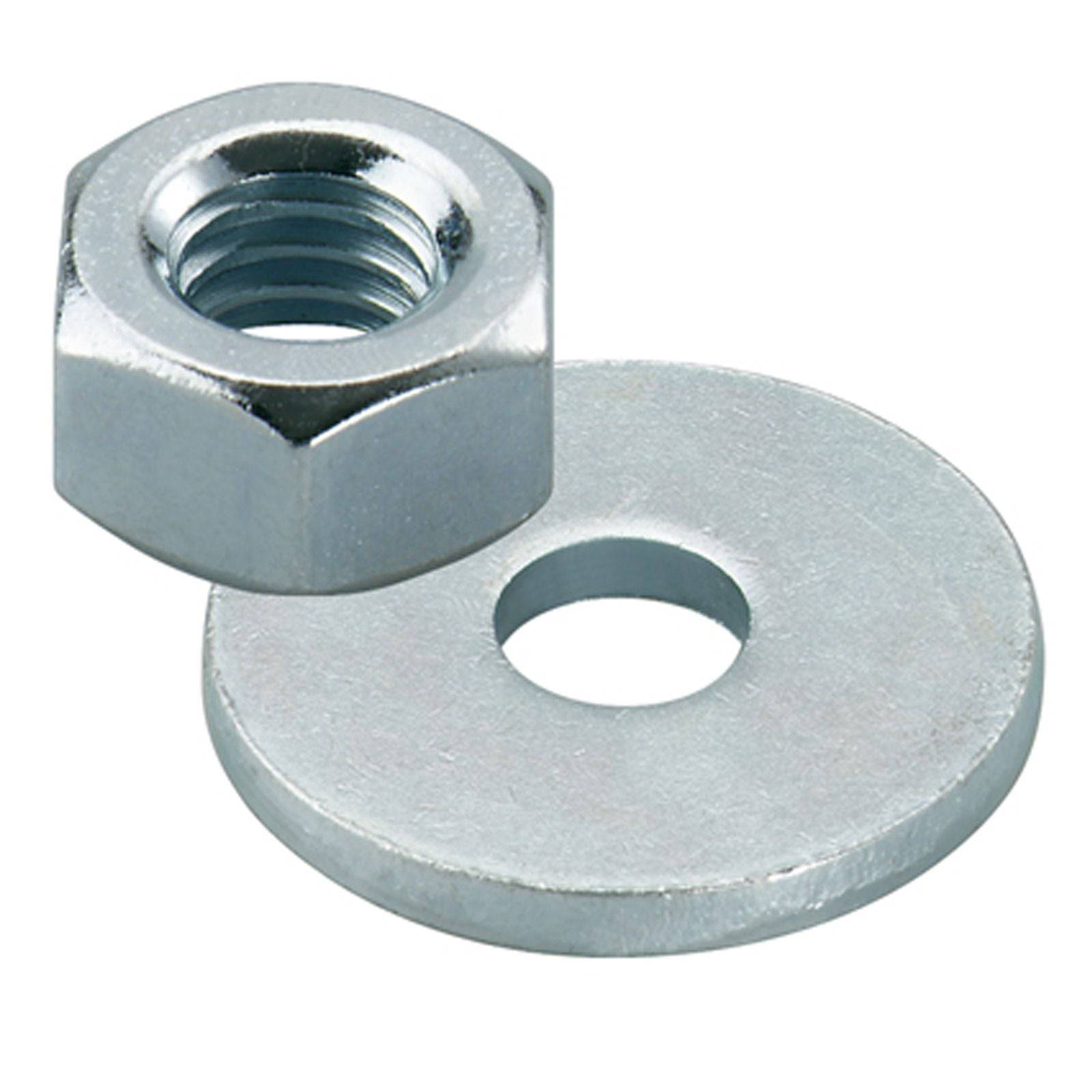 Eine Metallmutter und eine Unterlegscheibe. Die Mutter ist sechseckig mit einem kreisförmigen Gewindeloch. Die Unterlegscheibe ist flach mit einem zentralen Loch.